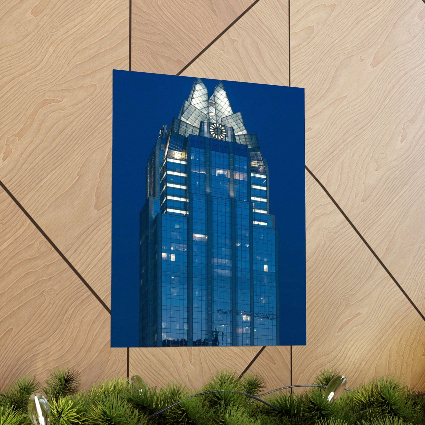 The upper reaches of Frost Bank Tower, a prominent Austin, Texas, skyscraper High Quality Matte Wall Art Poster for Home, Office, Classroom