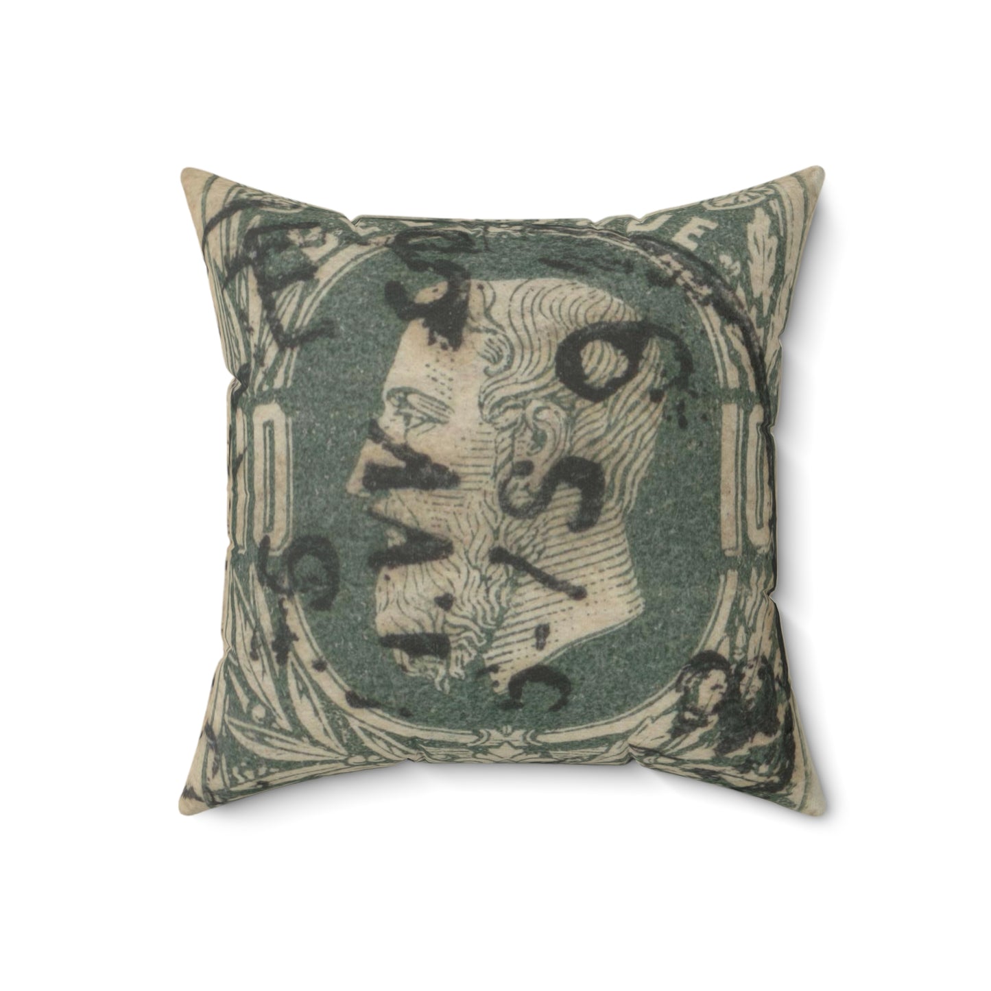 Frimärke ur Gösta Bodmans filatelistiska motivsamling, påbörjad 1950.Frimärke från Belgien, 1869. Motiv av lagerkvistar. "Kung Léopold II". Decorative Accent Square Pillow