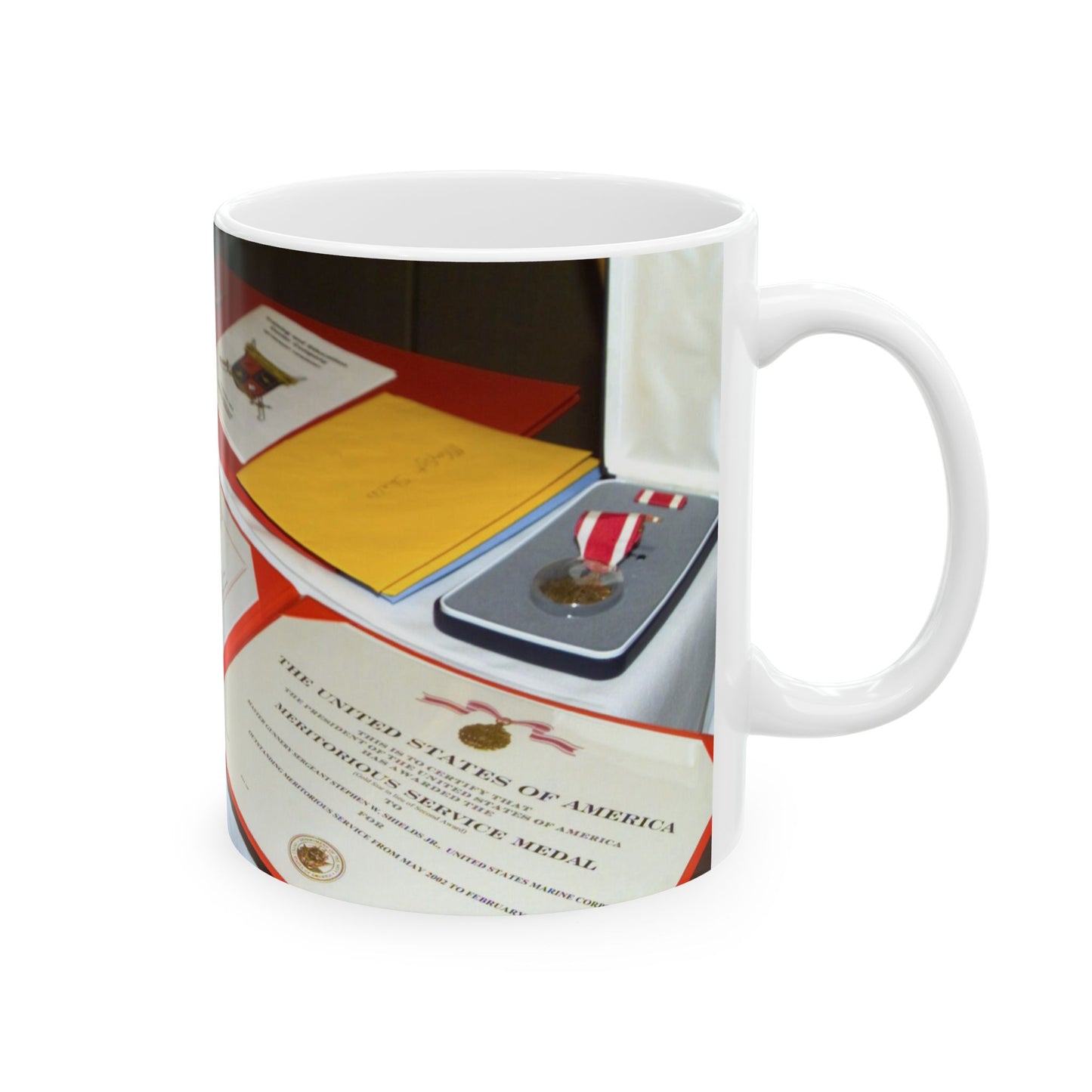 A display of US Marine Corps (USMC) MASTER GUNNERY Sergeant (MGYSGT) Stephen W. Shields' awards lay on a table during his retirement ceremony, at the Clubs of Quantico, Marine Corps Base (MCB) Quantico, Virginia Beautiful Novelty Ceramic Coffee Mug 11oz