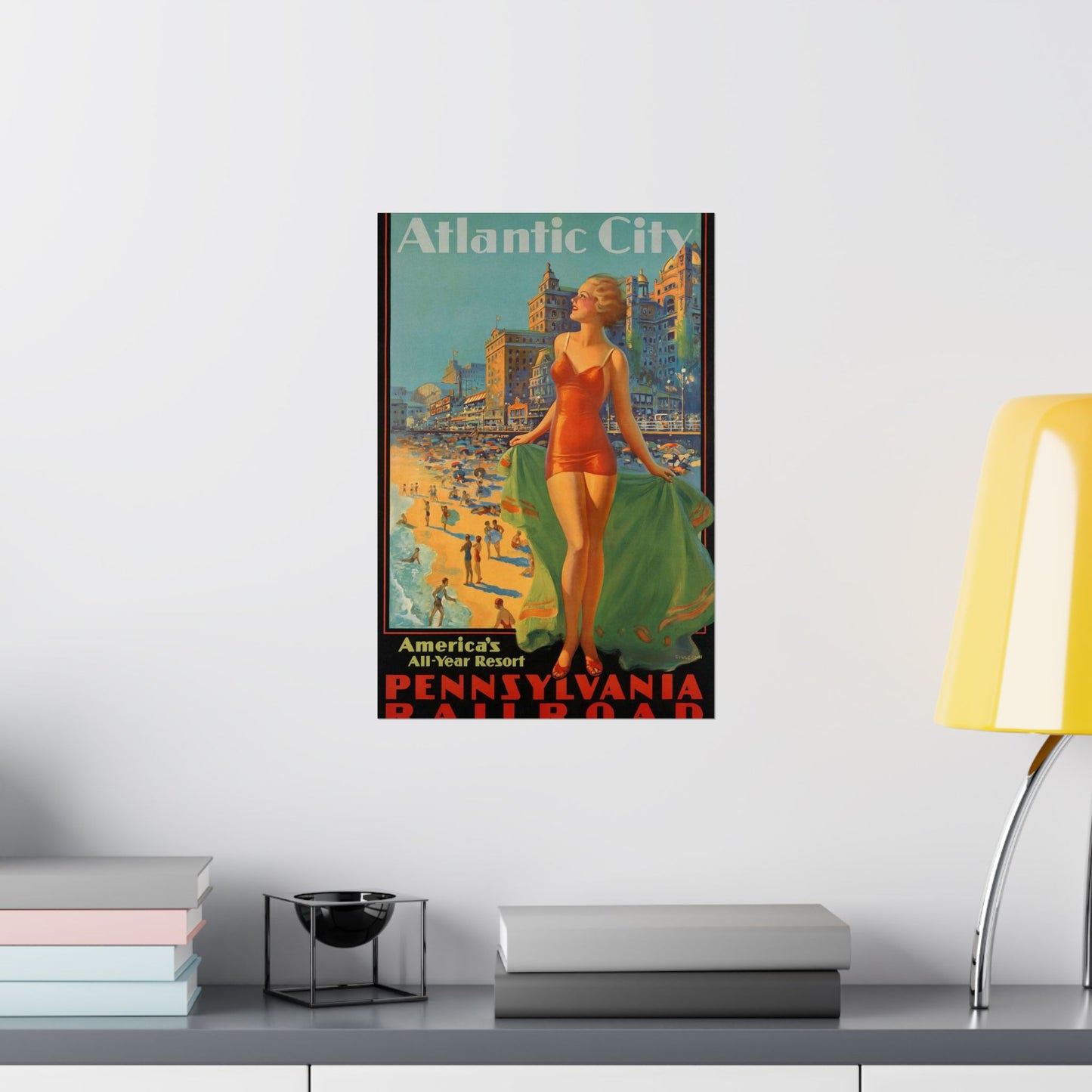 Atlantic City— America’s All-Year Resort, Pennsylvania Railroad, painting by Edward Mason Eggleston High Quality Matte Wall Art Poster for Home, Office, Classroom