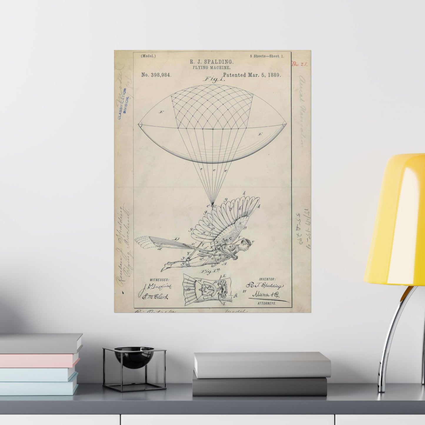 Patent drawing - for R. J. Spalding's Flying Machine Public domain  image High Quality Matte Wall Art Poster for Home, Office, Classroom