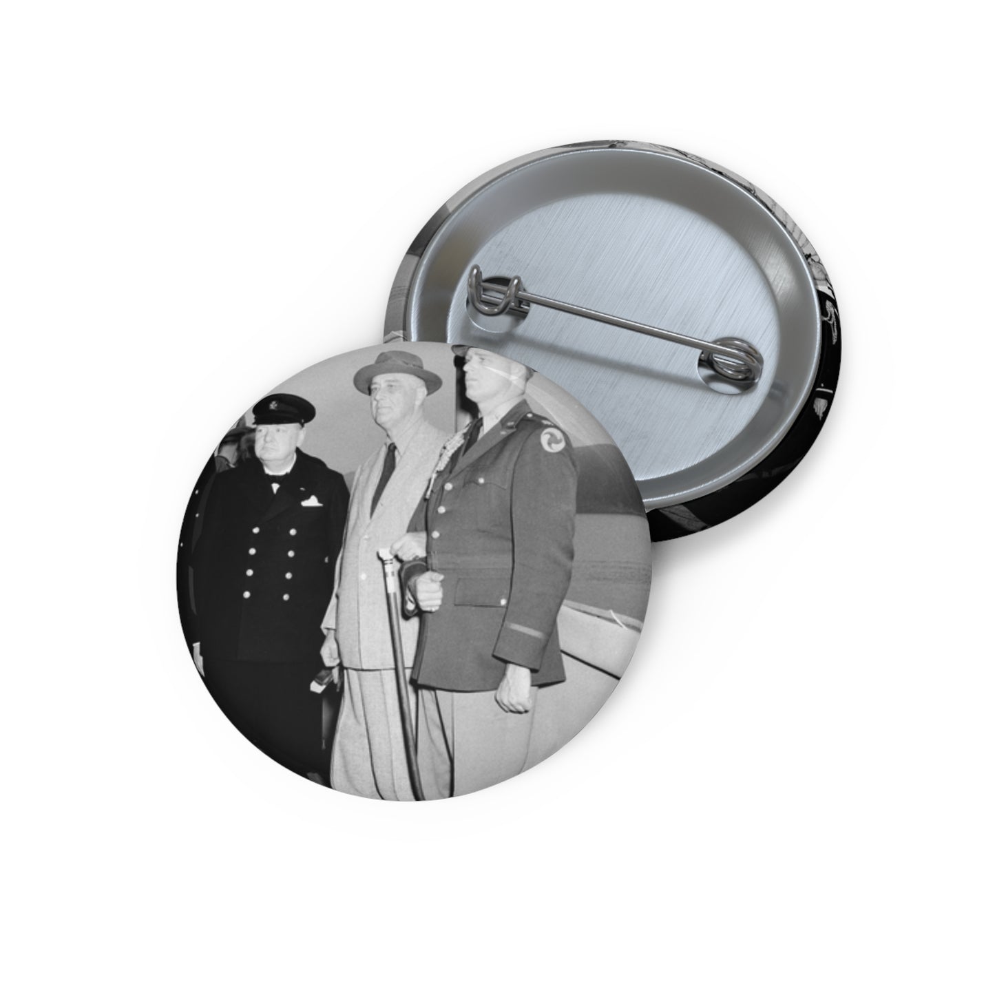 Winston Churchill with Franklin D. Roosevelt on board USS Augusta (CA-31) on 9 August 1941 (NH 67201) Pin Buttons with Crisp Design