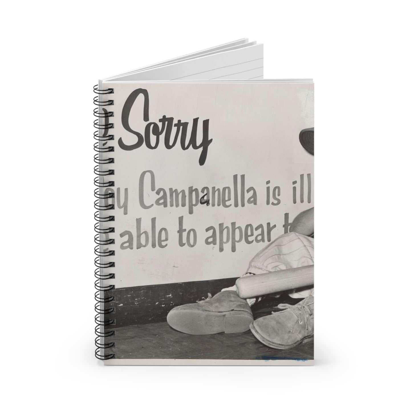 "We're sorry, but Roy Campanella is ill a[nd ...] not be able to appear [...] / World Telegram & Sun photo by Roger Higgins. Spiral Bound Ruled Notebook with Printed Cover