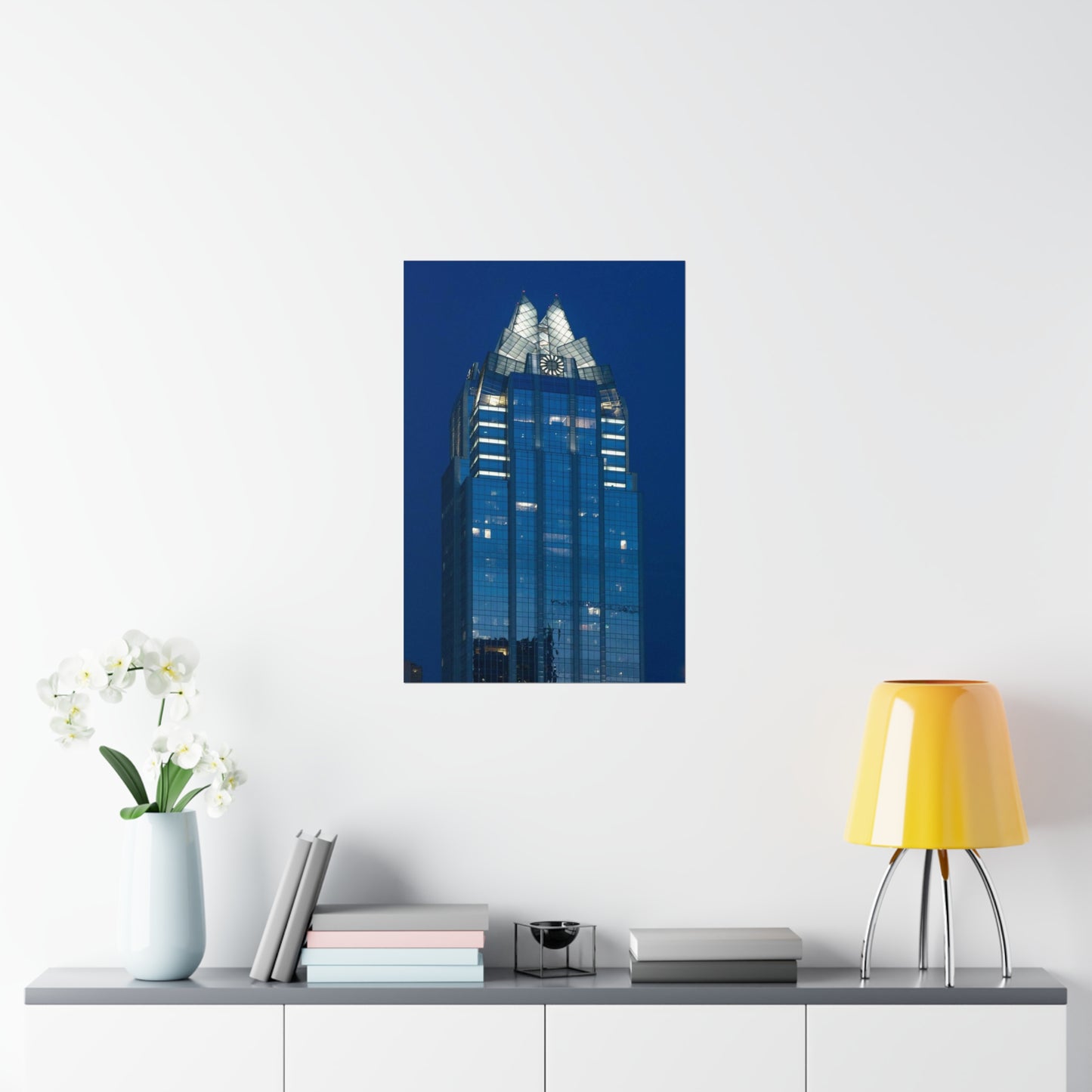 The upper reaches of Frost Bank Tower, a prominent Austin, Texas, skyscraper High Quality Matte Wall Art Poster for Home, Office, Classroom