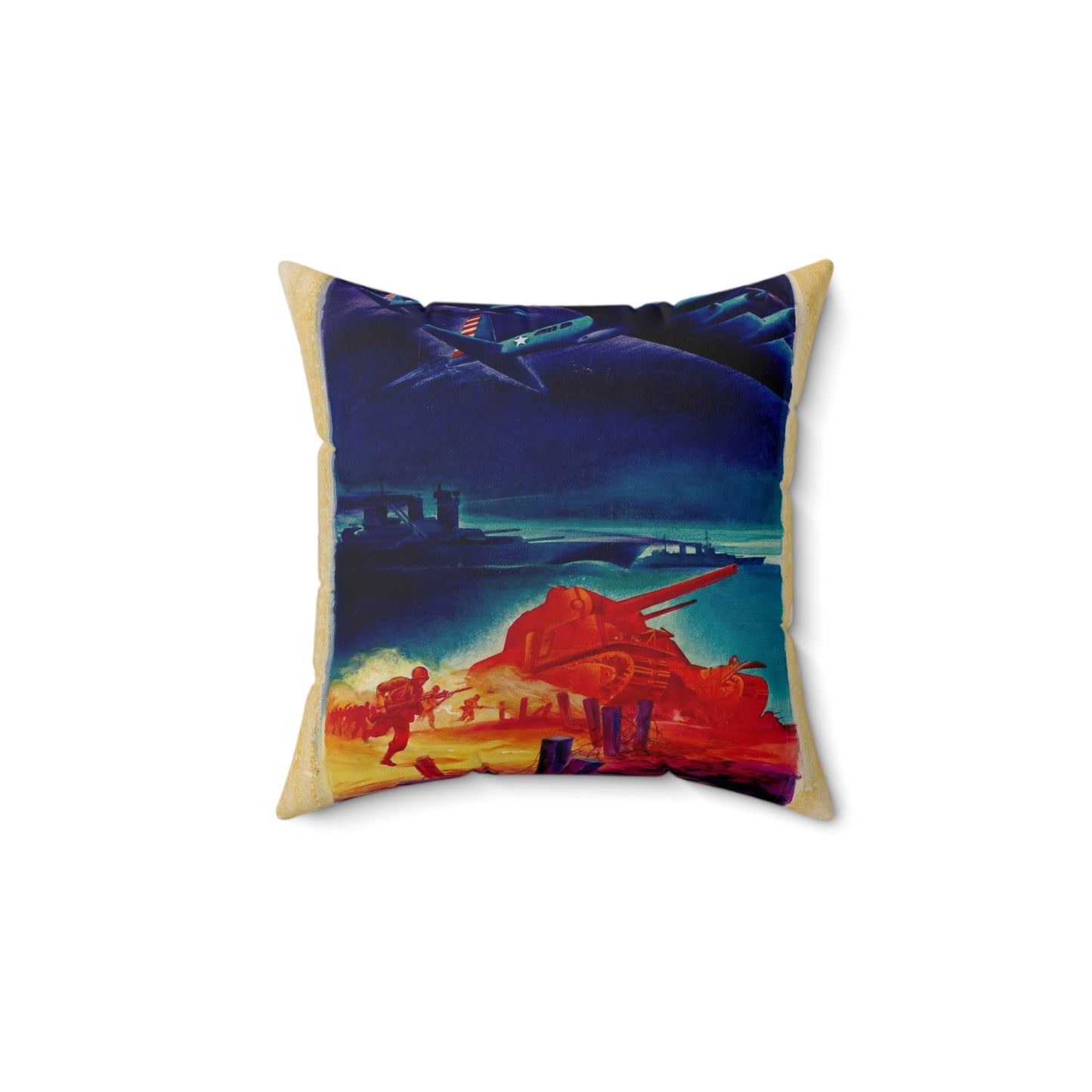 [Infantry, tanks, ships, airplanes attacking] [R.G.] Decorative Accent Square Pillow
