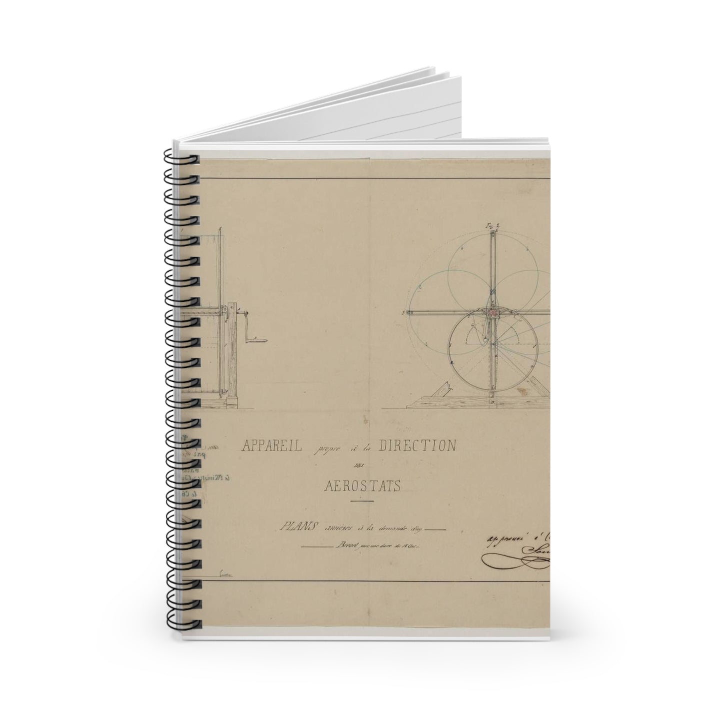 Patent drawing - Appareil propre à la direction des aerostats plans annèxes à la demande d'un brevet pour une durée de 15 ans / / apprové à [...] Sourbieu & Pre. Pradel, 1852 septembre 9. Public domain  image Spiral Bound Ruled Notebook with Printed Cover