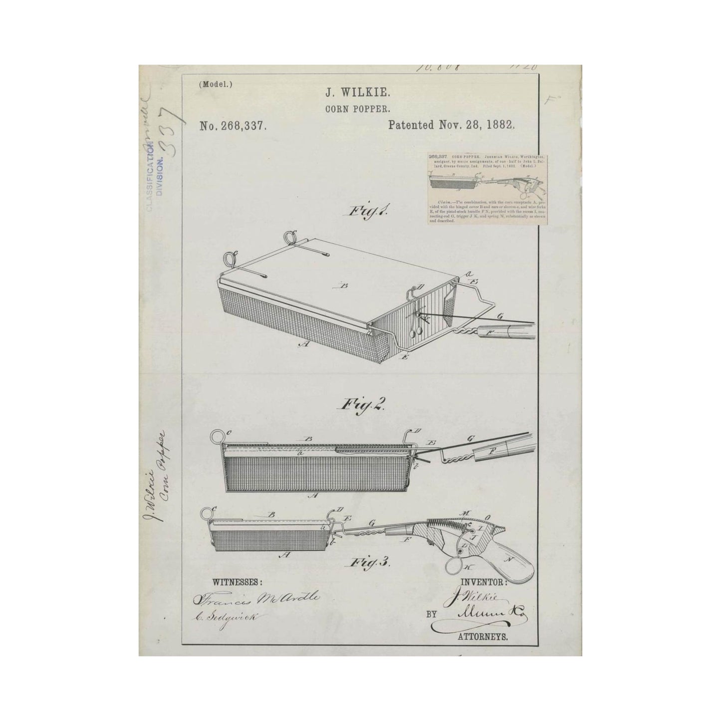 Patent Drawing of Engine - for J. Wilkie's Corn Popper Public domain  image High Quality Matte Wall Art Poster for Home, Office, Classroom