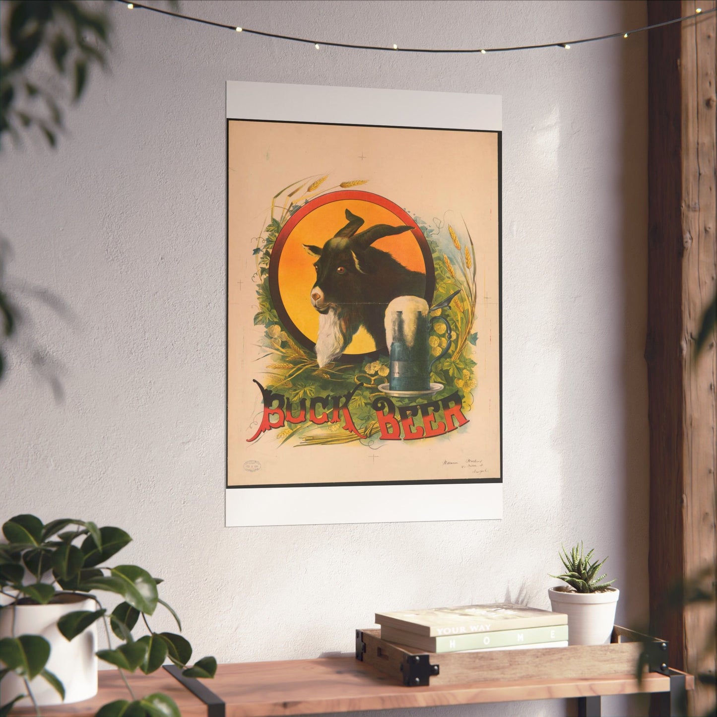 Bock Beer, the head of a goat inside an oval, with a stein of beer sitting on a bed of hops, underneath the oval High Quality Matte Wall Art Poster for Home, Office, Classroom