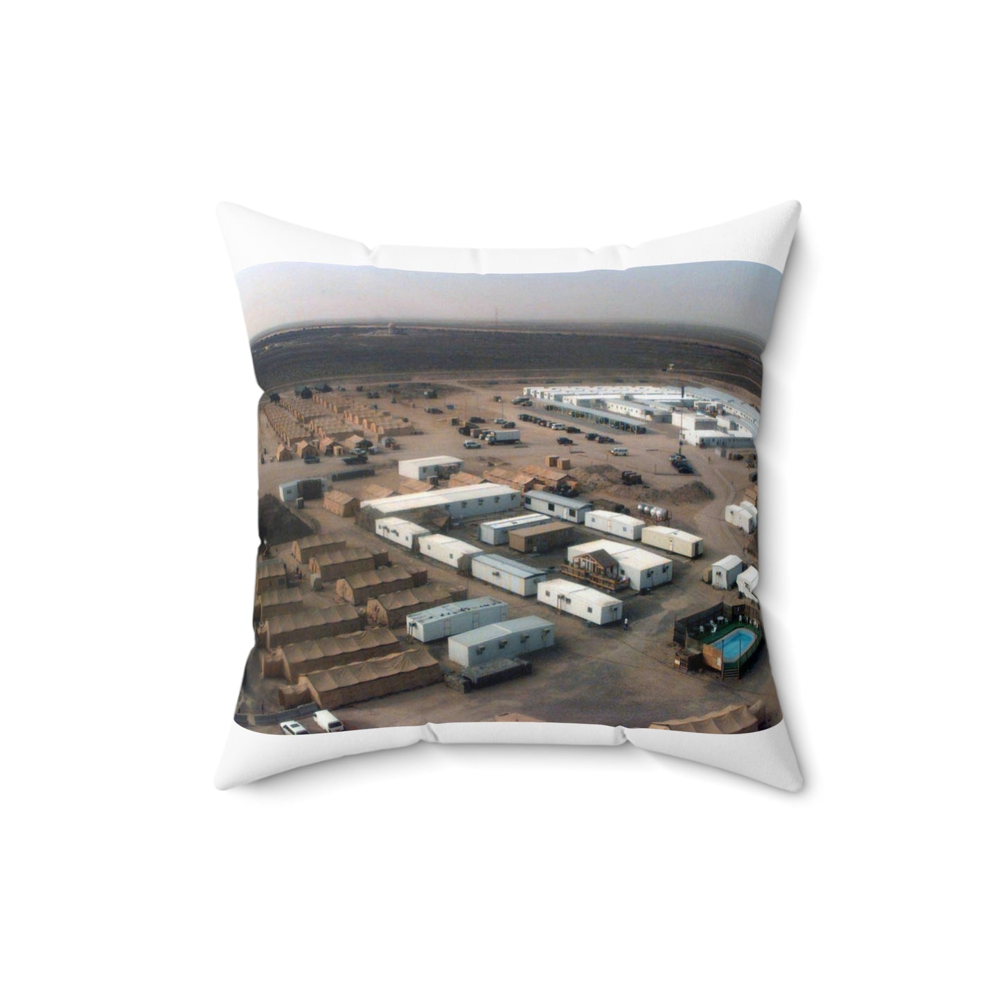 Looking North, living and operations facilities can be seen from the top of a 120-foot tower at Ahmed al Jaber Air Base, Kuwait, during Operation SOUTHERN WATCH 1998 Decorative Accent Square Pillow