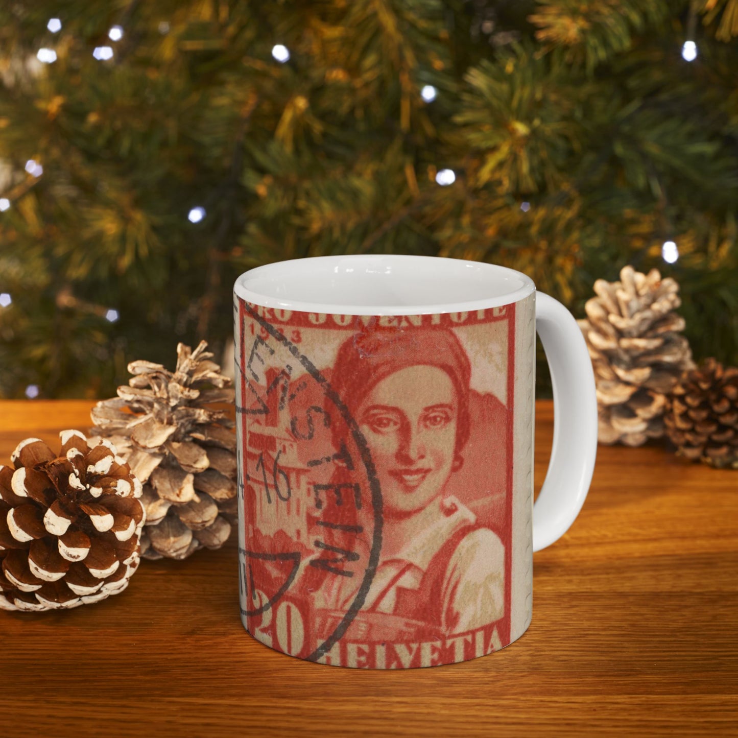 Frimärke ur Gösta Bodmans filatelistiska motivsamling, påbörjad 1950.Frimärke från Schweiz, 1933. Motiv av kvinnodräkt, Tessin. Beautiful Novelty Ceramic Coffee Mug 11oz