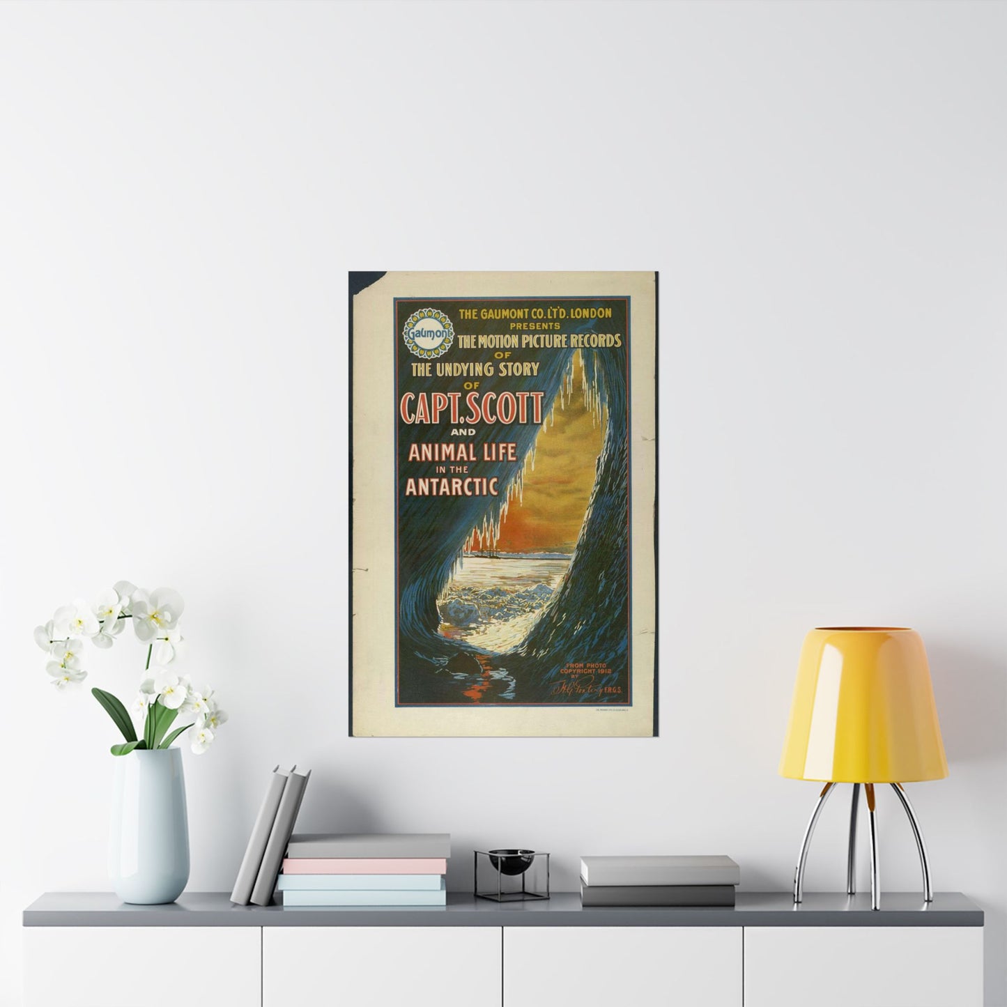 The Gaumont Co. L'T'D. London presents the motion picture records of the undying story of Capt. Scott and animal life in the Antarctic / The Morgan Lith. Co., Cleveland, O. High Quality Matte Wall Art Poster for Home, Office, Classroom