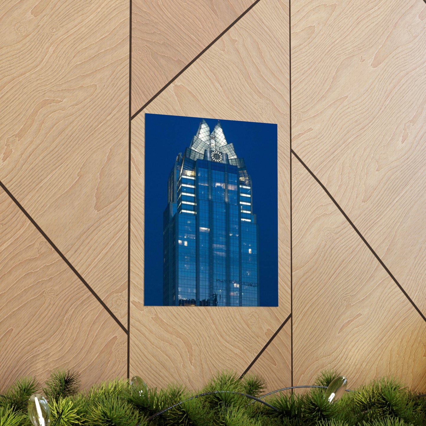 The upper reaches of Frost Bank Tower, a prominent Austin, Texas, skyscraper High Quality Matte Wall Art Poster for Home, Office, Classroom