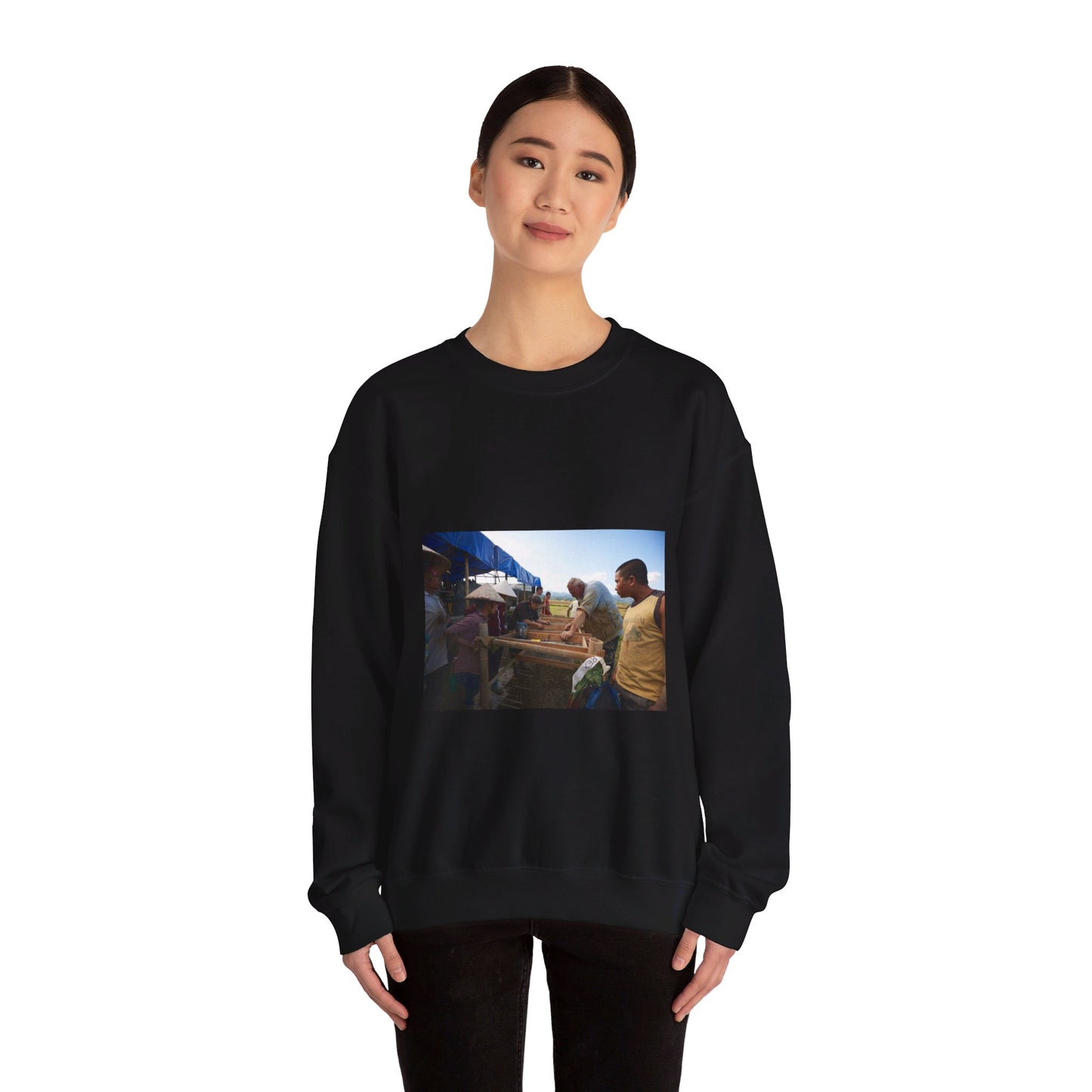 Local workers gather around Dr. Kimberly Maeyama, Defense Black Heavy Blend Adult Crew Neck SweatShirt