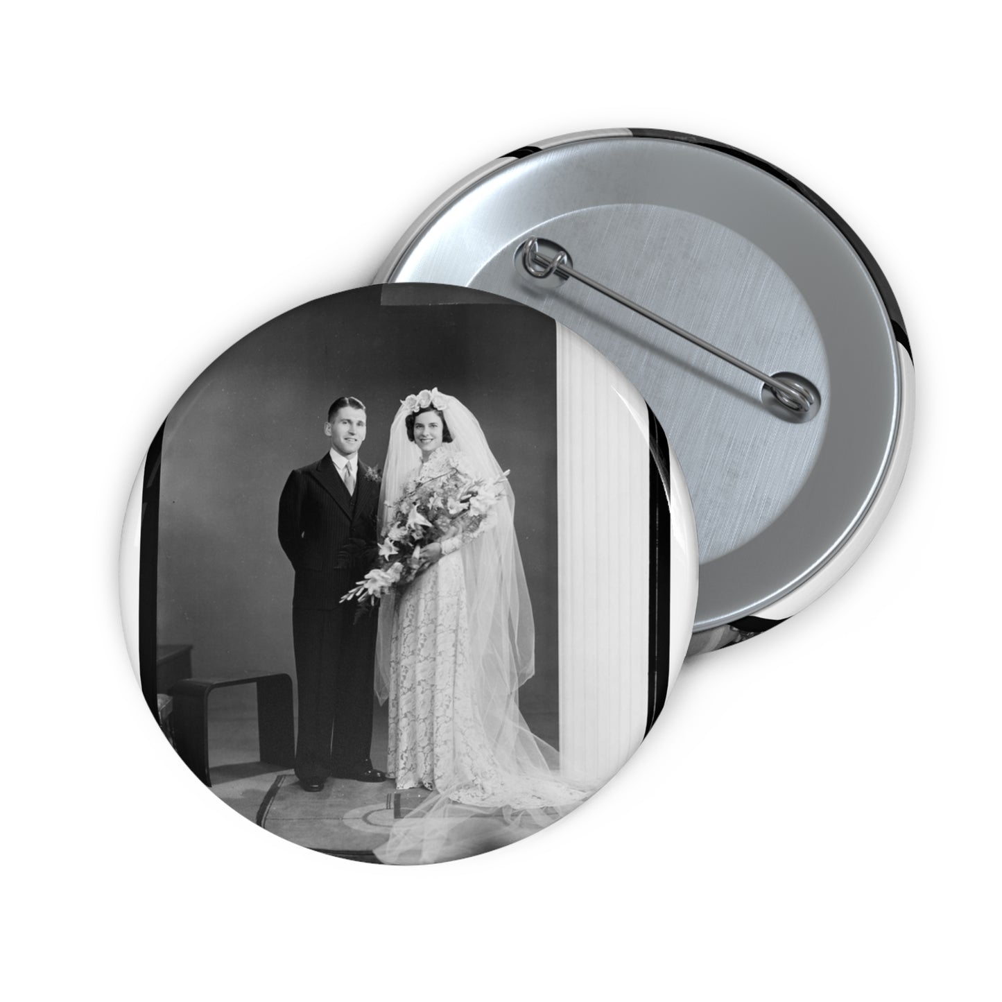 Atkins-Plummer wedding: the bride and groom Pin Buttons with Crisp Design