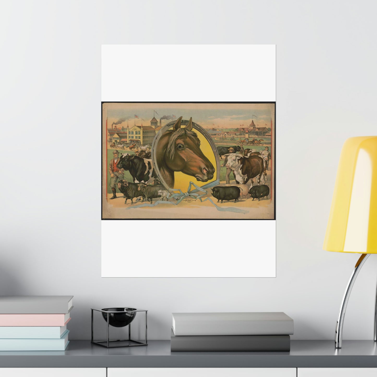 Horse framed by a horseshoe with fair buildings and a racetrack in the background High Quality Matte Wall Art Poster for Home, Office, Classroom