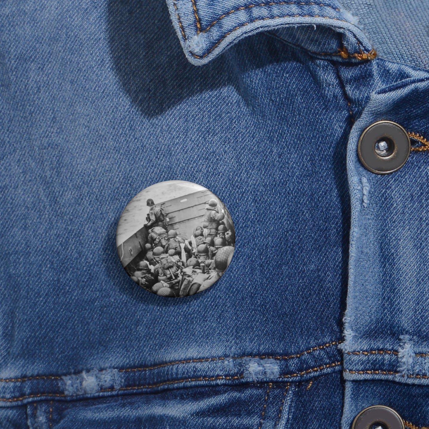 Photograph of Soldiers Crouching Behind the Bulwarks of a Coast Guard Landing Barge Pin Buttons with Crisp Design