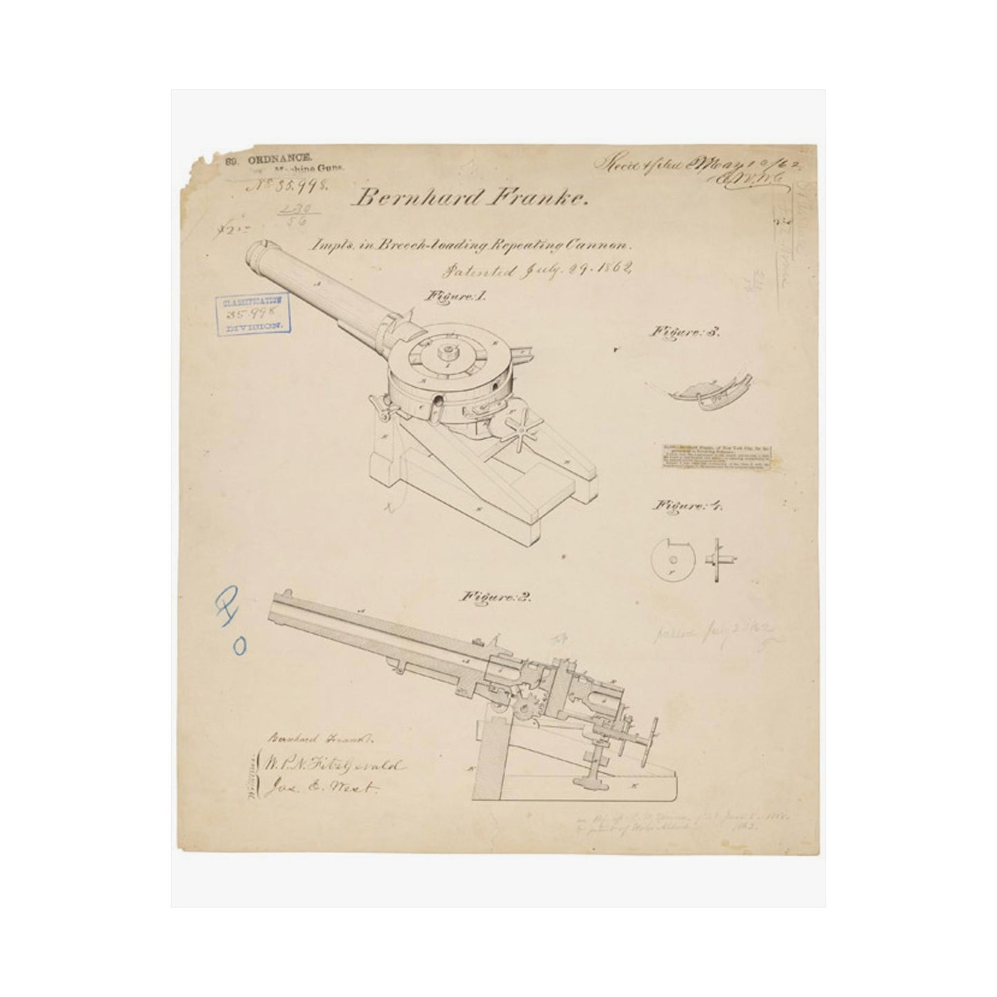 Patent drawing - Drawing of Improvements in Breech-Loading Repeating Cannon Public domain  image High Quality Matte Wall Art Poster for Home, Office, Classroom