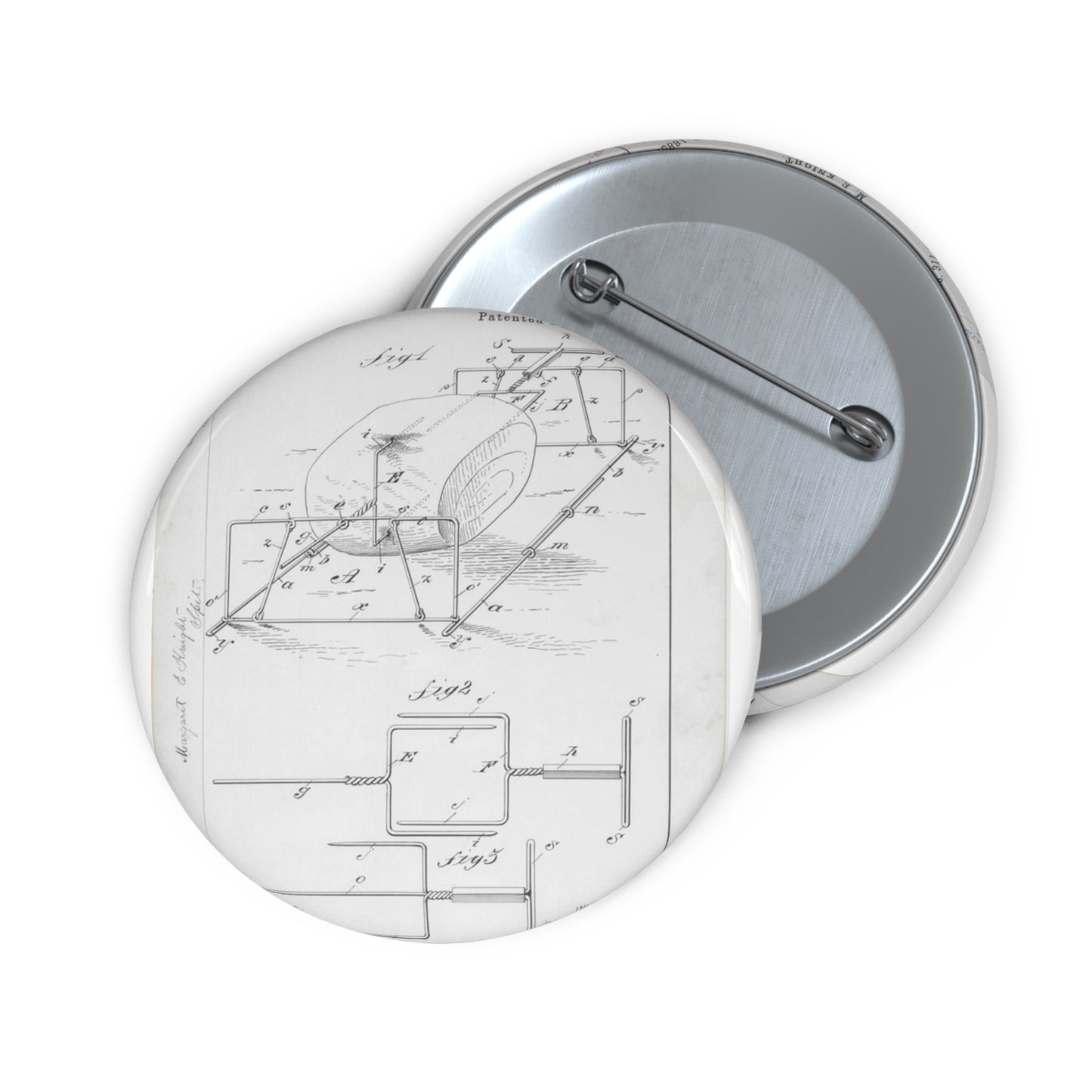 Patent drawing - for M. E. Knight's Spit Public domain  image Pin Buttons with Crisp Design