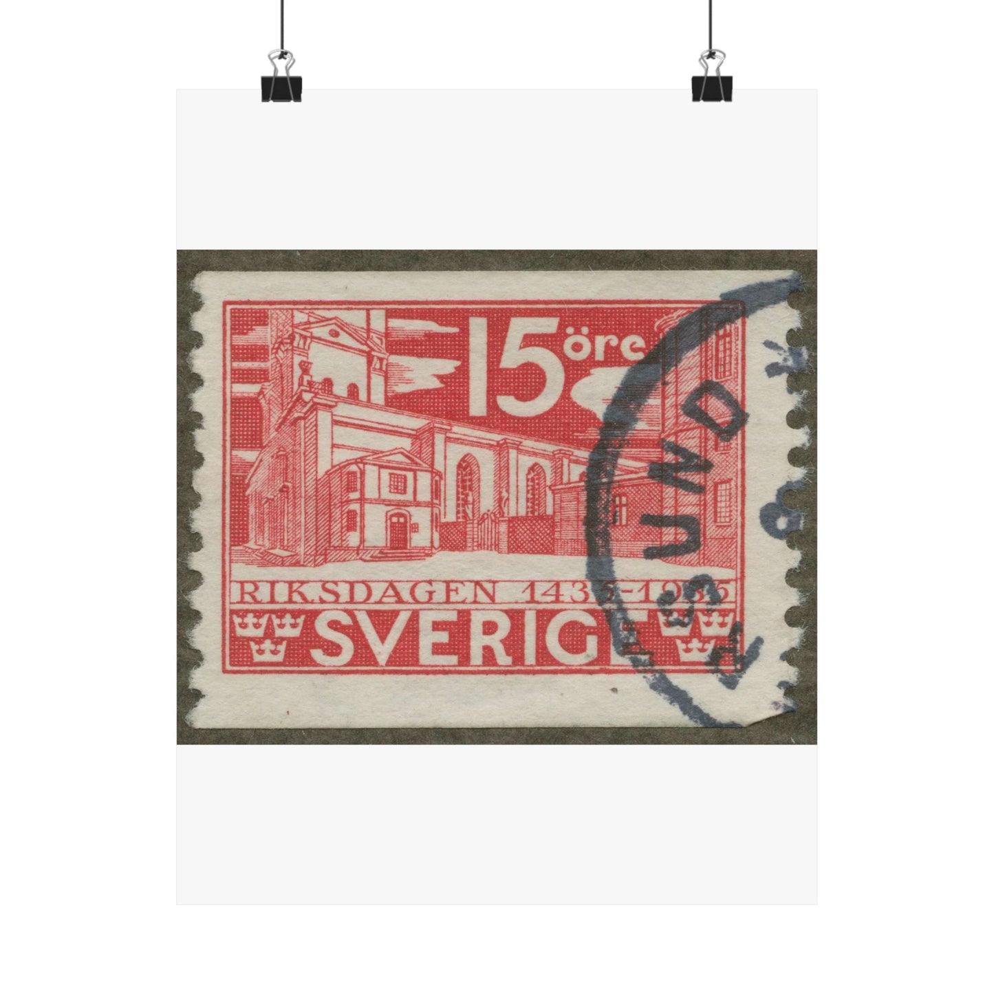 Frimärke ur Gösta Bodmans filatelistiska motivsamling, påbörjad 1950.Frimärke från Sverige. Motiv av Storkyrkan i Stockholm. "Den svenska riksdagen 500 år 1435-1935". High Quality Matte Wall Art Poster for Home, Office, Classroom