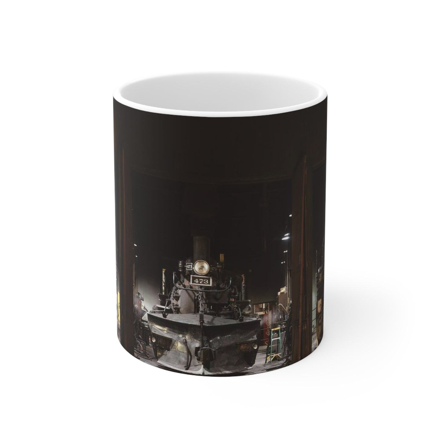 Steam locomotives in the roundhouse of the Durango & Silverton Narrow Gauge Scenic Railroad in Durango, Colorado Beautiful Novelty Ceramic Coffee Mug 11oz