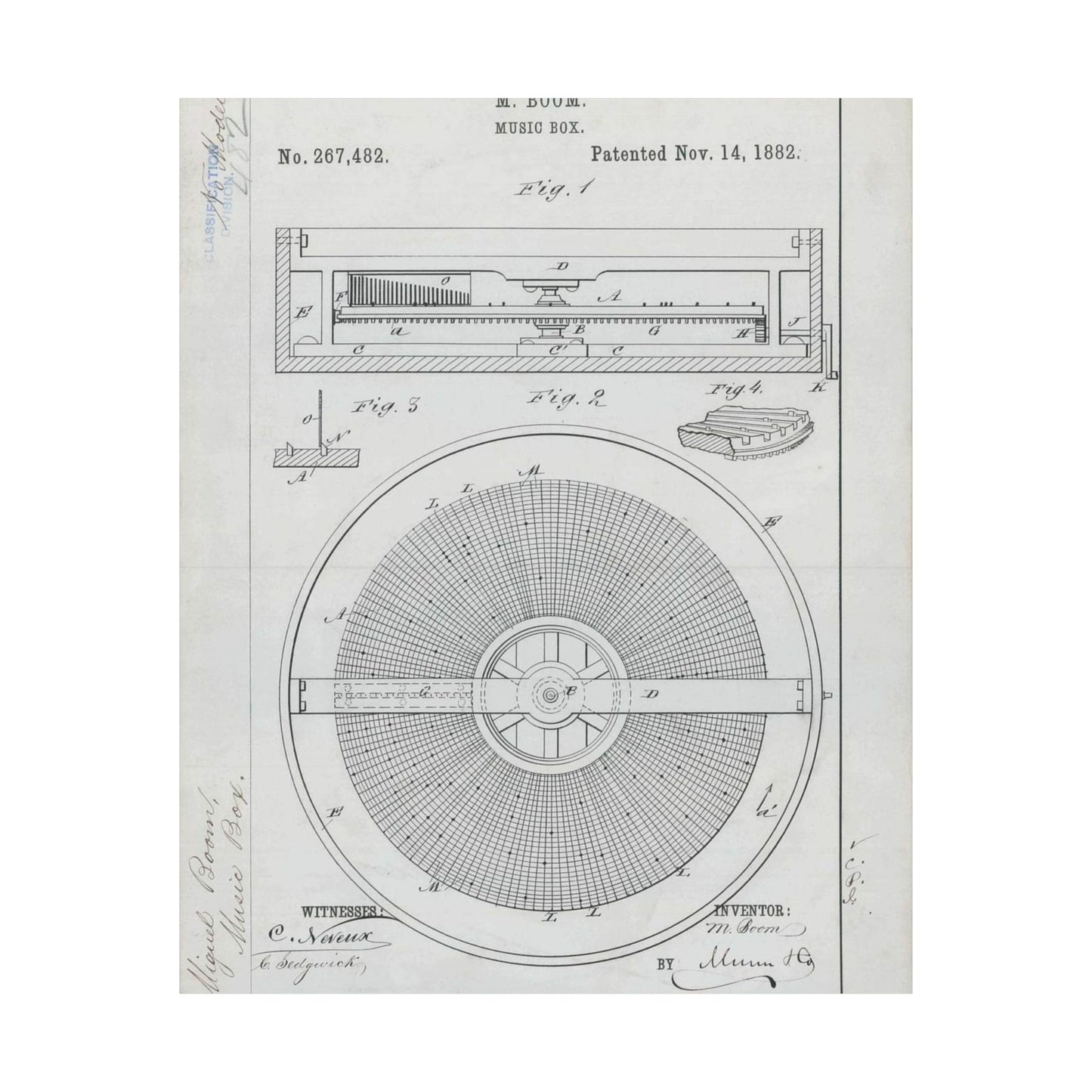 Patent Drawing of Engine - for M. Boom's Music Box Public domain  image High Quality Matte Wall Art Poster for Home, Office, Classroom