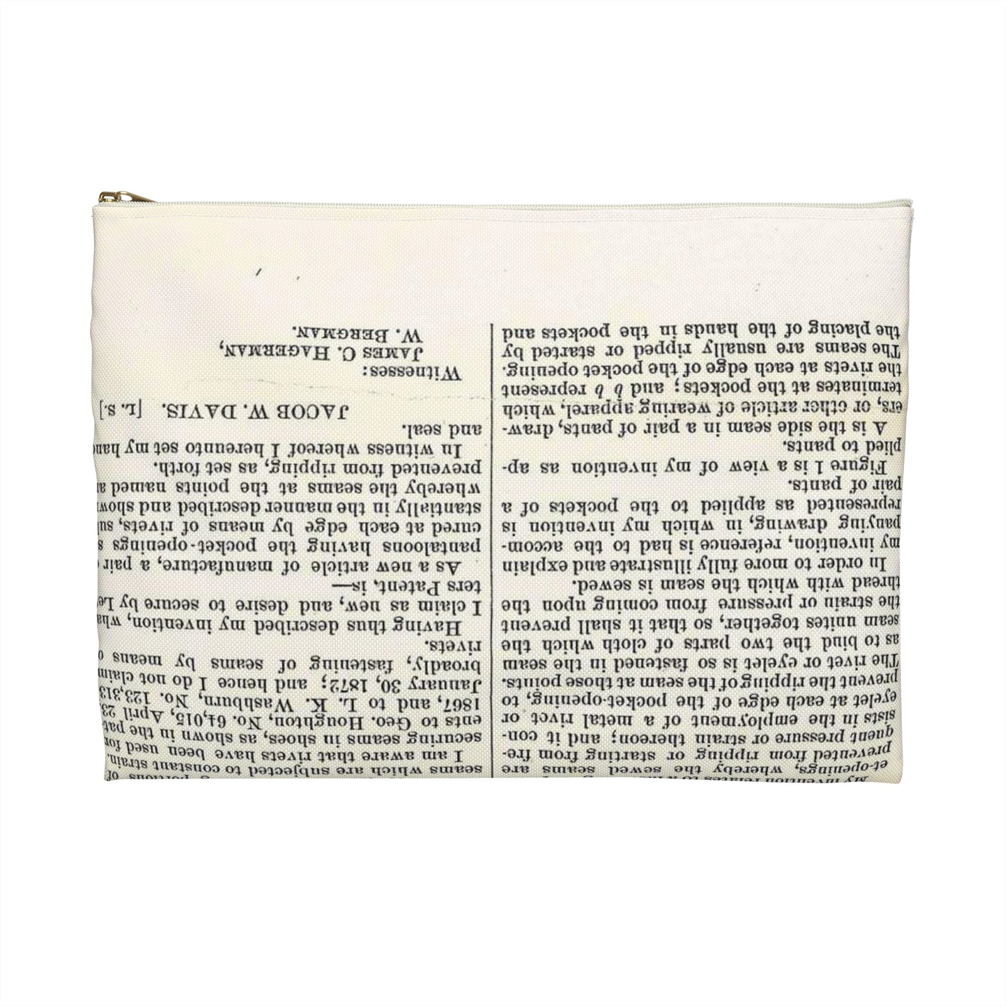 Patent Case File No. 139,121, Improvement in Fastening Pocket Openings, Inventor- Jacob W. Davis - DPLA - afb017b06366ded5b3d9735cb413b735 (page 29) Large Organizer Pouch with Black Zipper