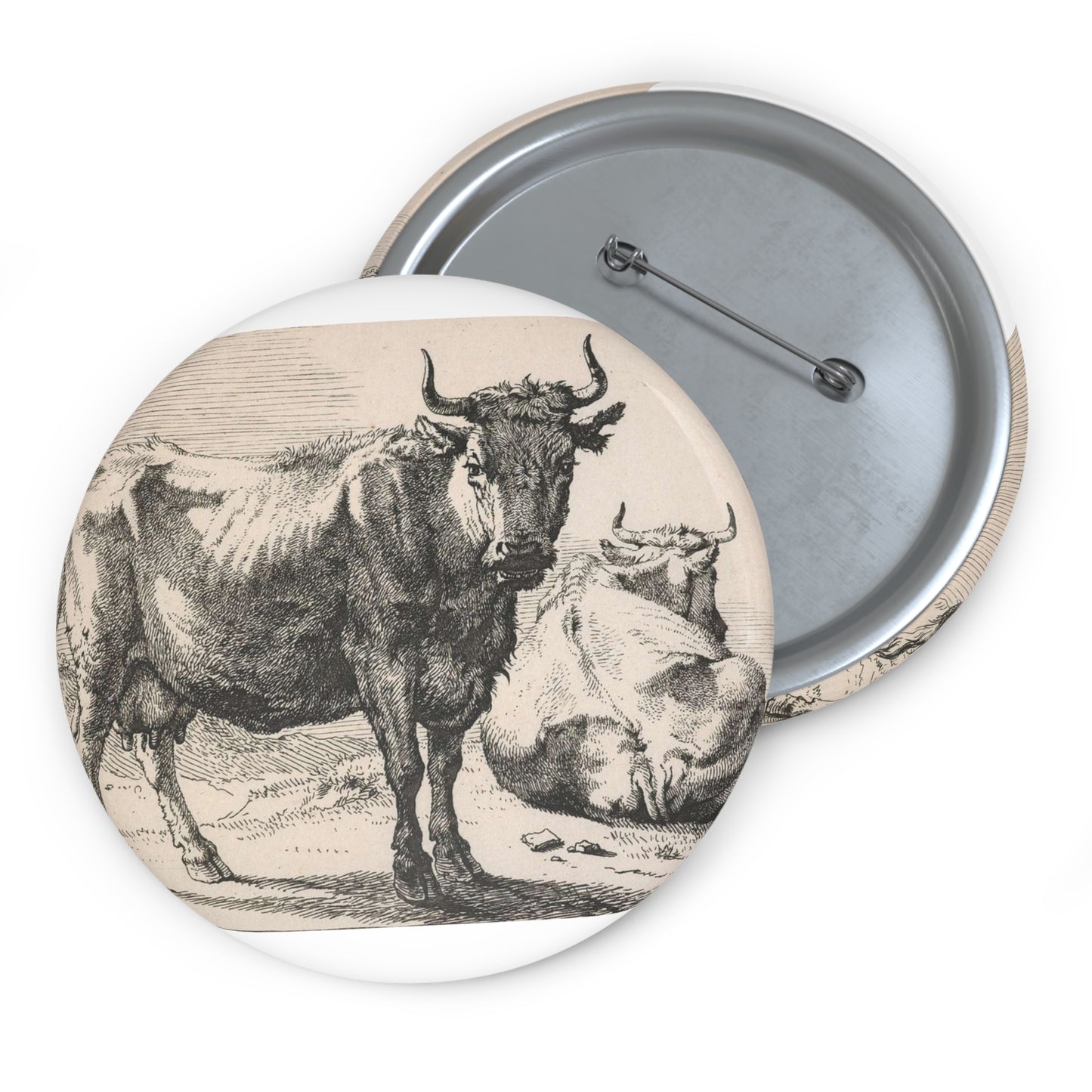 Series of various oxen and cows ('Het Bullenboekje'). Plate 2. A cow standing and another lying down. Pin Buttons with Crisp Design