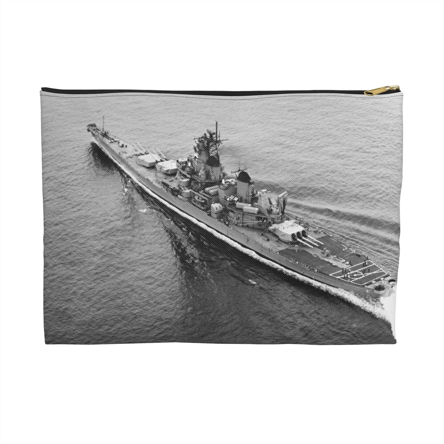 An elevated port quarter view of the battleship USS IOWA (BB 61) underway during sea trials Large Organizer Pouch with Black Zipper