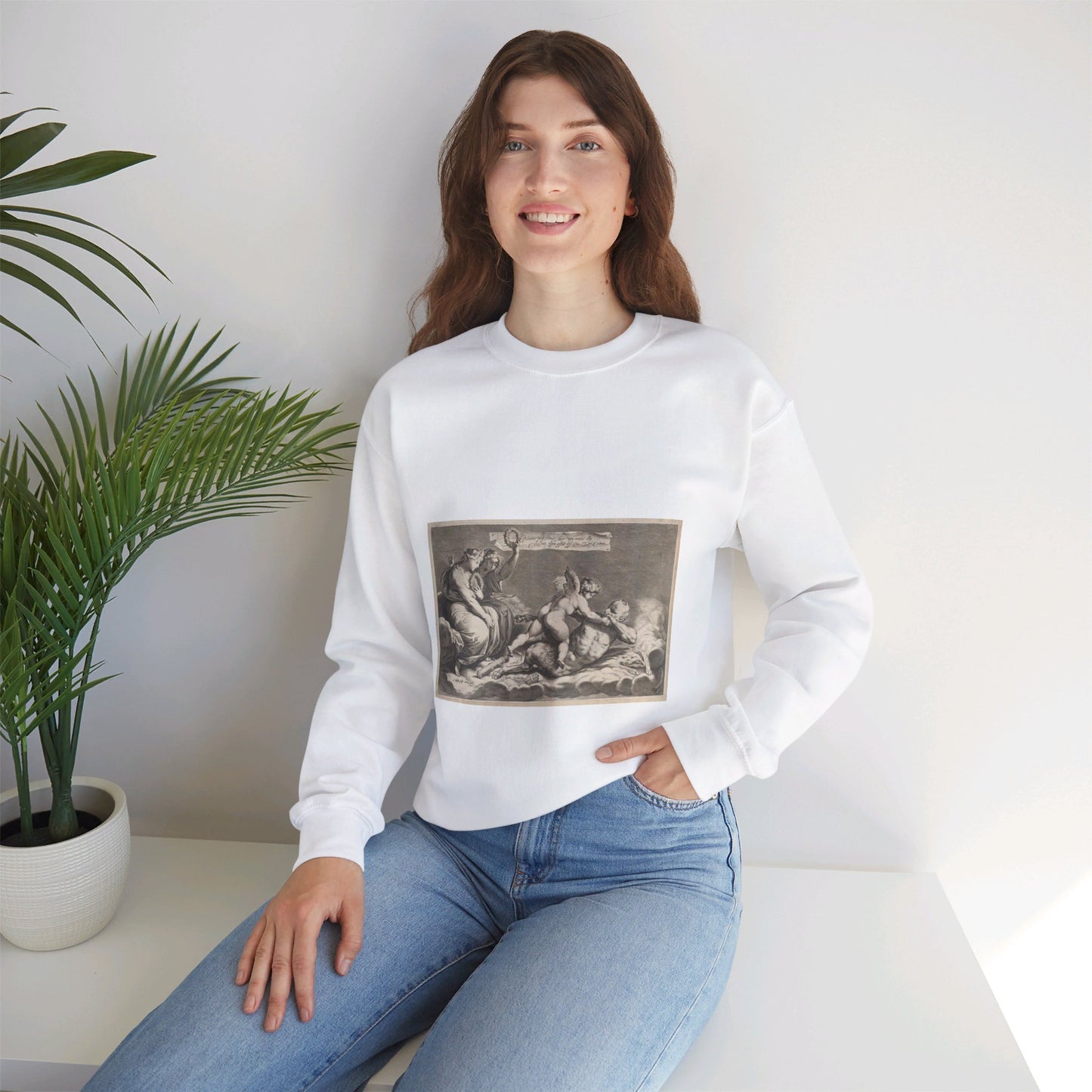 Cupid wrestling with Pan, amongst the clouds, with two allegorical women seated at left White Heavy Blend Adult Crew Neck SweatShirt