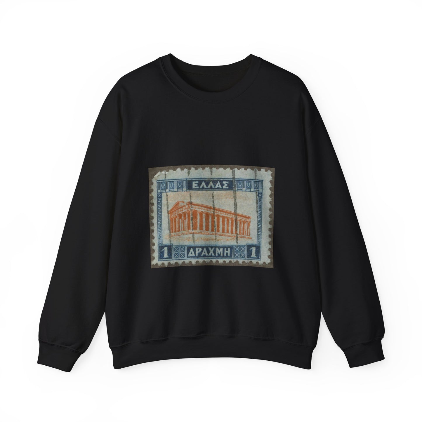 Frimärke ur Gösta Bodmans filatelistiska motivsamling, påbörjad 1950.Frimärke från Grekland, 1927. Motiv av Theseustemplet i Atèn. Black Heavy Blend Adult Crew Neck SweatShirt
