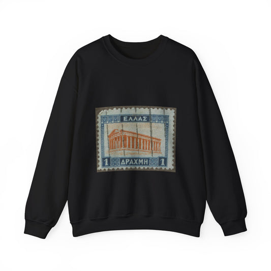 Frimärke ur Gösta Bodmans filatelistiska motivsamling, påbörjad 1950.Frimärke från Grekland, 1927. Motiv av Theseustemplet i Atèn. Black Heavy Blend Adult Crew Neck SweatShirt