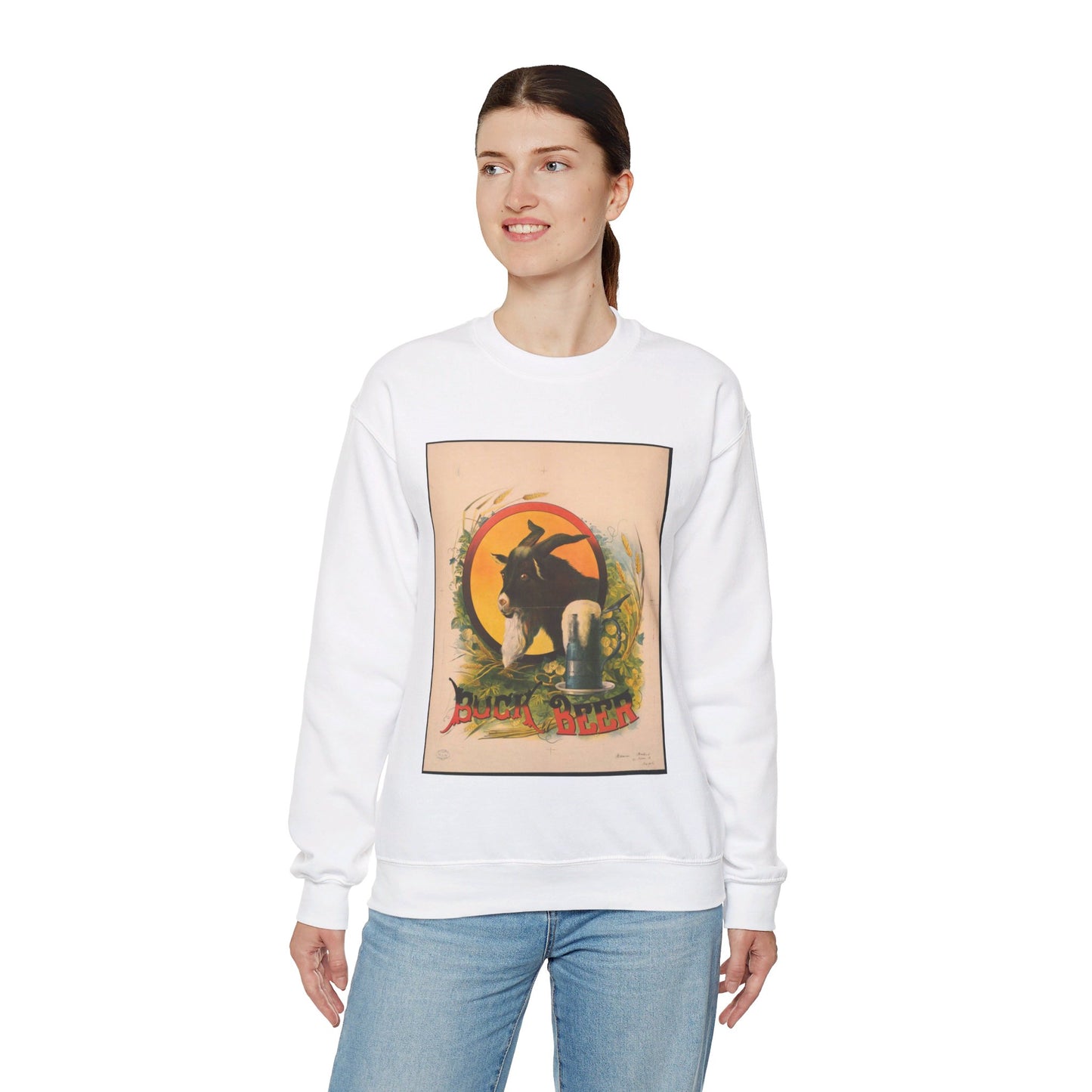 Bock Beer, the head of a goat inside an oval, with a stein of beer sitting on a bed of hops, underneath the oval White Heavy Blend Adult Crew Neck SweatShirt