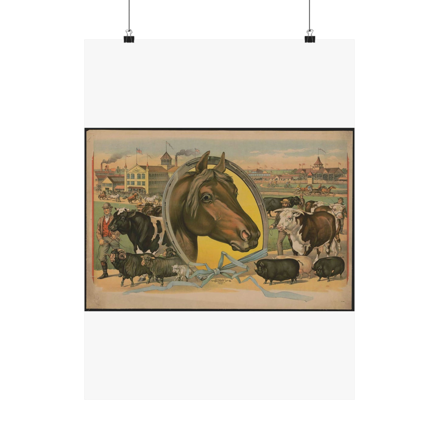 Horse framed by a horseshoe with fair buildings and a racetrack in the background High Quality Matte Wall Art Poster for Home, Office, Classroom