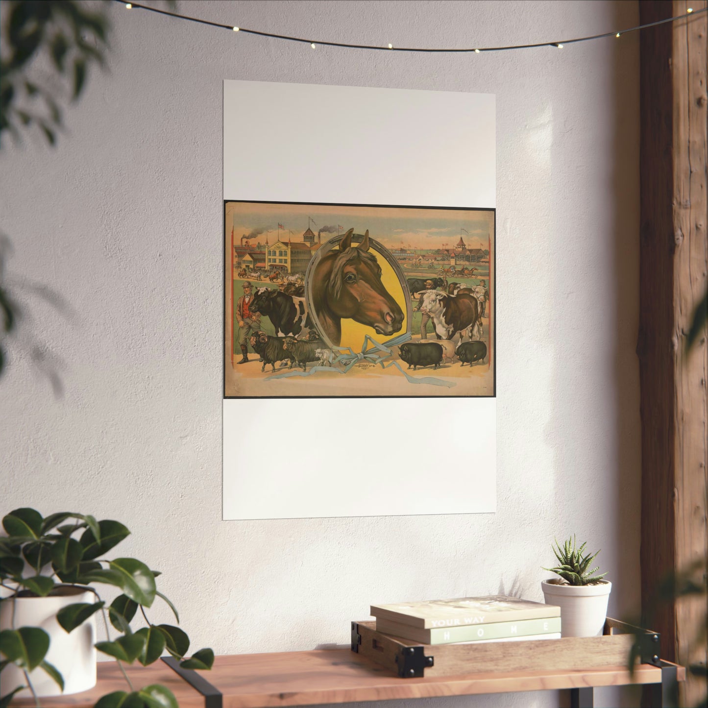 Horse framed by a horseshoe with fair buildings and a racetrack in the background High Quality Matte Wall Art Poster for Home, Office, Classroom