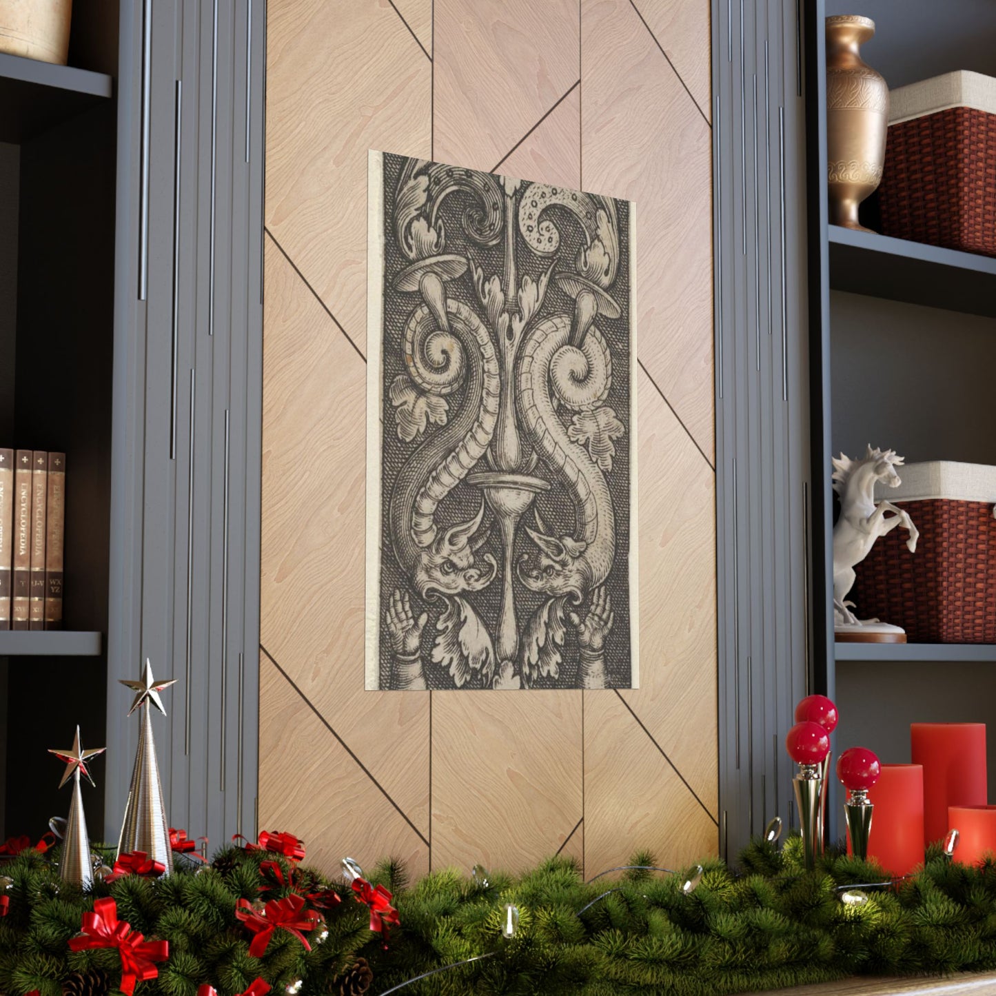 Vertical Panel with a Candelabrum Stemming from a Leaf-Faced Grostesque at Bottom High Quality Matte Wall Art Poster for Home, Office, Classroom
