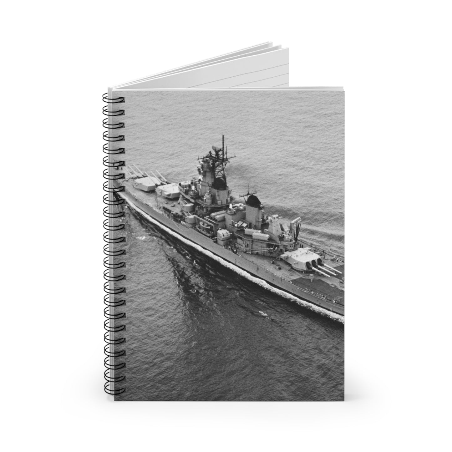 An elevated port quarter view of the battleship USS IOWA (BB 61) underway during sea trials Spiral Bound Ruled Notebook with Printed Cover