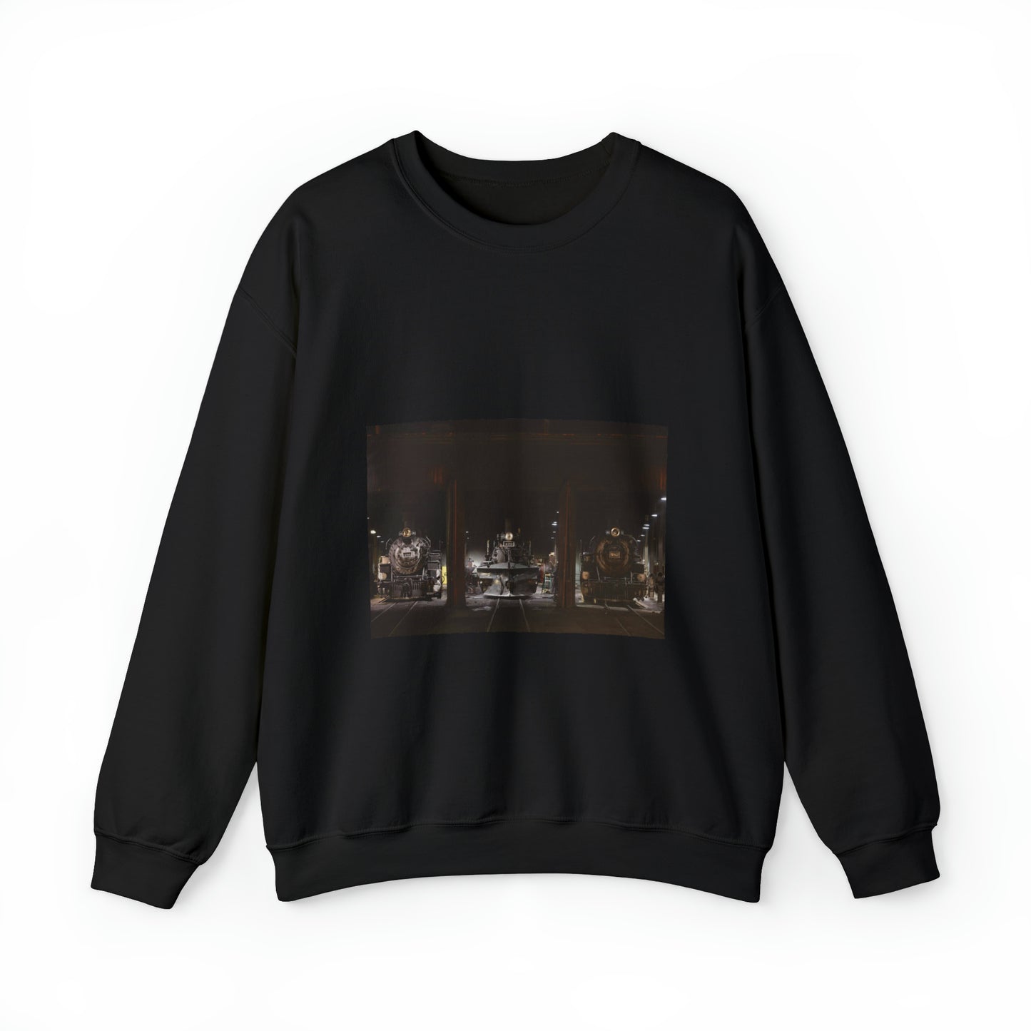 Steam locomotives in the roundhouse of the Durango & Silverton Narrow Gauge Scenic Railroad in Durango, Colorado Black Heavy Blend Adult Crew Neck SweatShirt