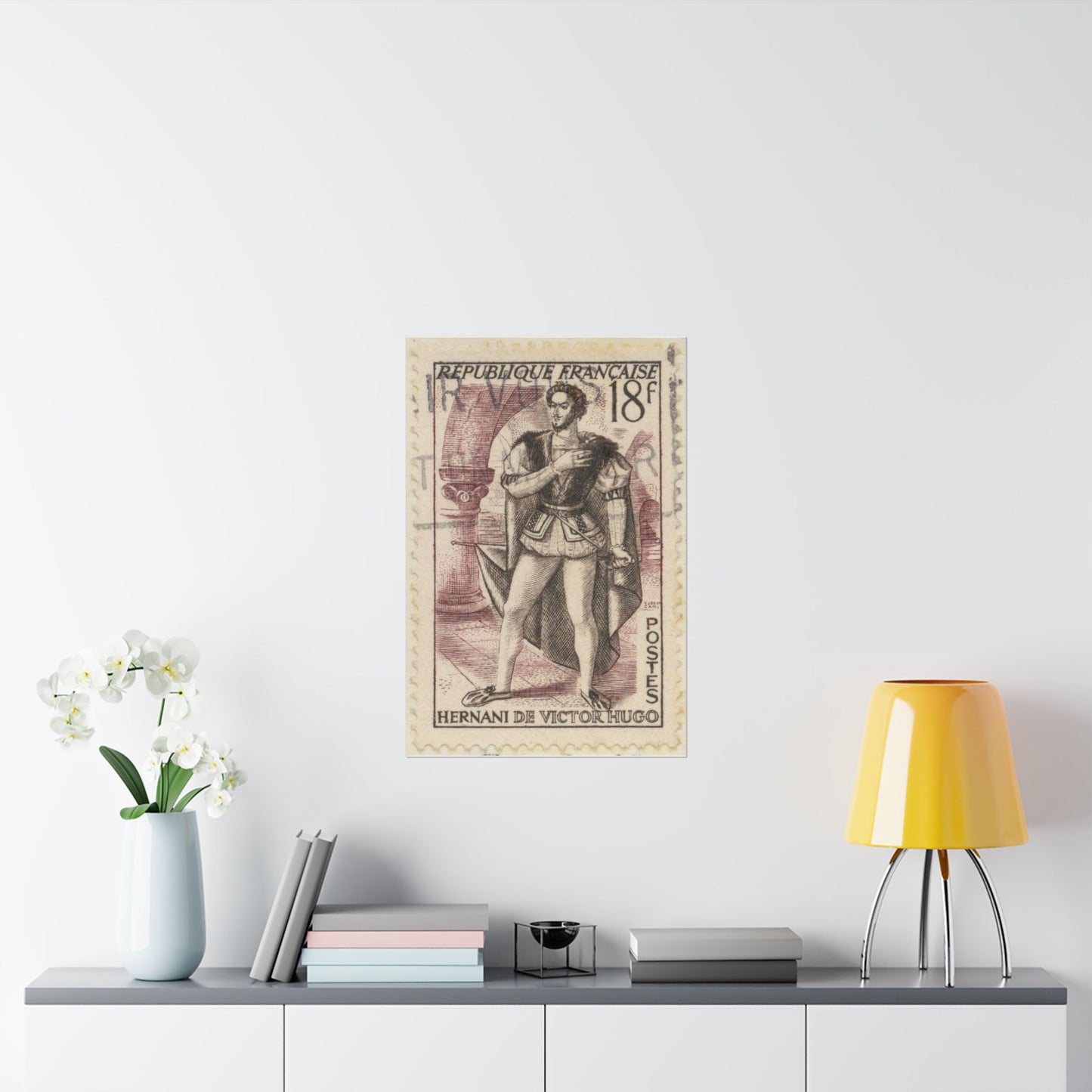 Frimärke ur Gösta Bodmans filatelistiska motivsamling, påbörjad 1950.Frimärke från FRanskrike, 1953. Motiv av "Herani": skådespel av Victor Hugo. High Quality Matte Wall Art Poster for Home, Office, Classroom