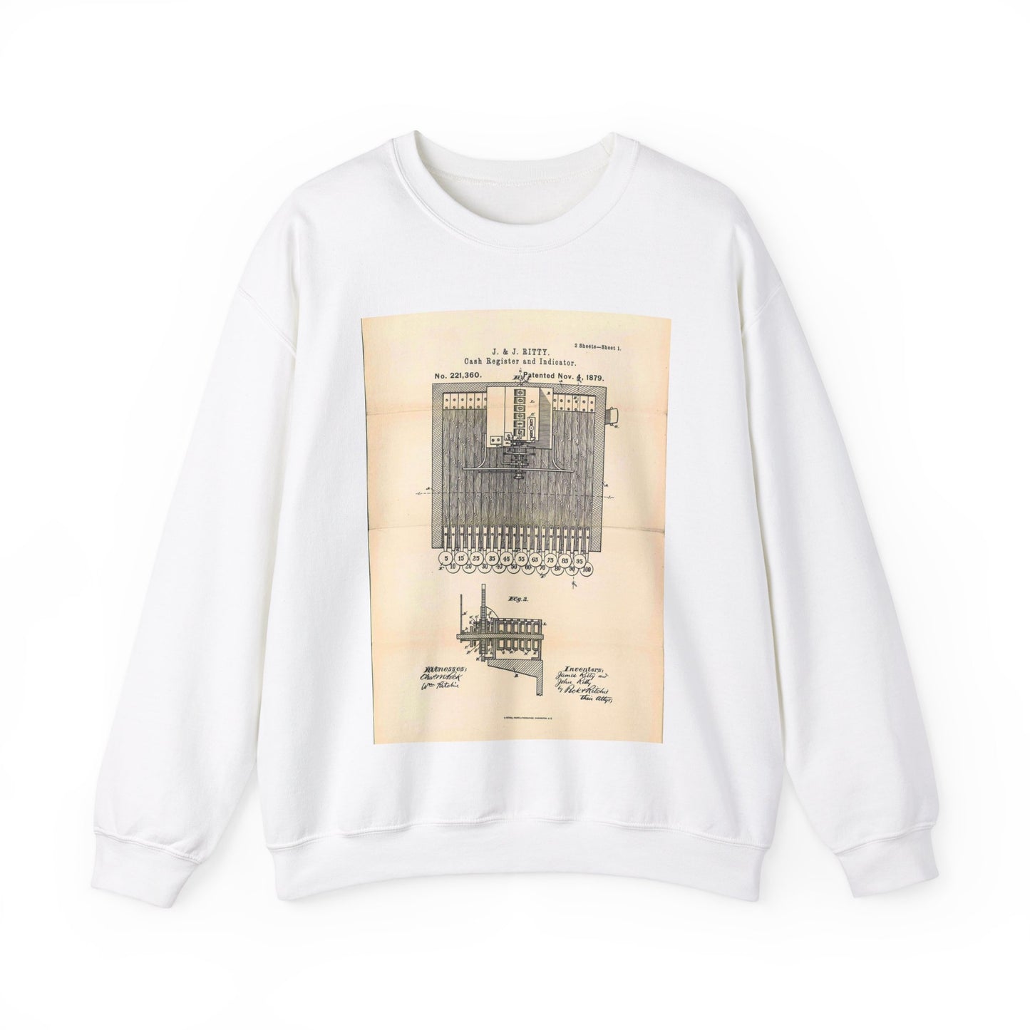 Patent Case File No. 221,360, Improvement in Cash Register and Indicator, Inventors James Ritty and John Ritty - DPLA - 97a8d8a47b402db2ecfd9cac6a3dd8e6 (page 50) White Heavy Blend Adult Crew Neck SweatShirt