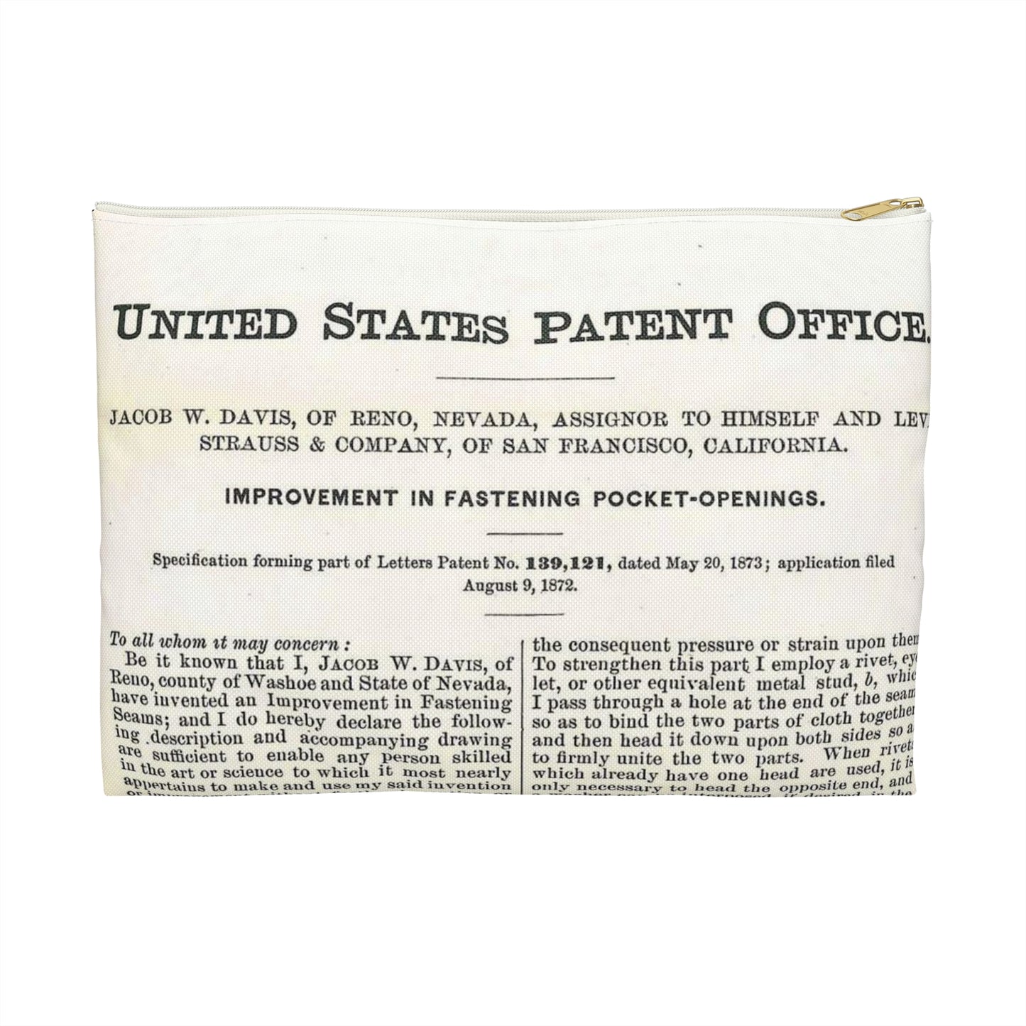 Patent Case File No. 139,121, Improvement in Fastening Pocket Openings, Inventor- Jacob W. Davis - DPLA - afb017b06366ded5b3d9735cb413b735 (page 29) Large Organizer Pouch with Black Zipper