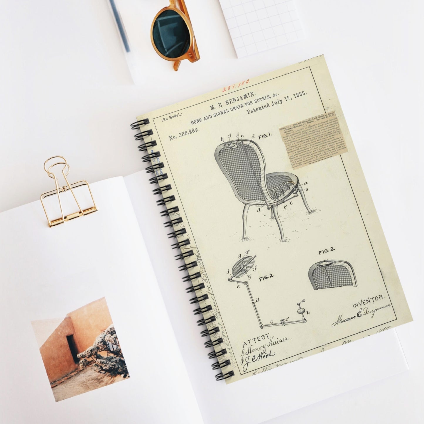 Patent drawing - for M. E. Benjamin's Gong and Signal Chair for Hotels Public domain  image Spiral Bound Ruled Notebook with Printed Cover