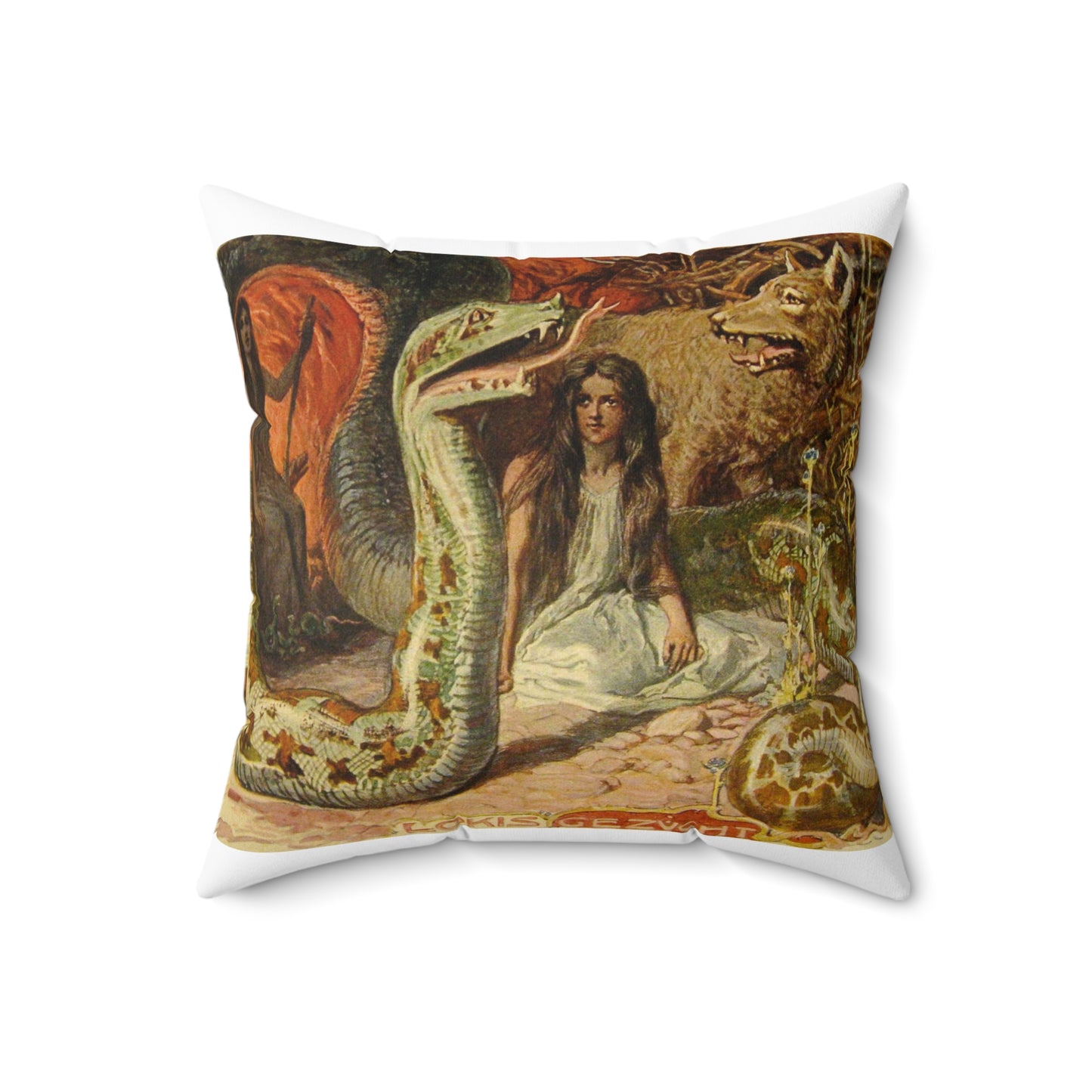 Lokis Gezücht - A painting of a woman sitting in front of a snake Decorative Accent Square Pillow