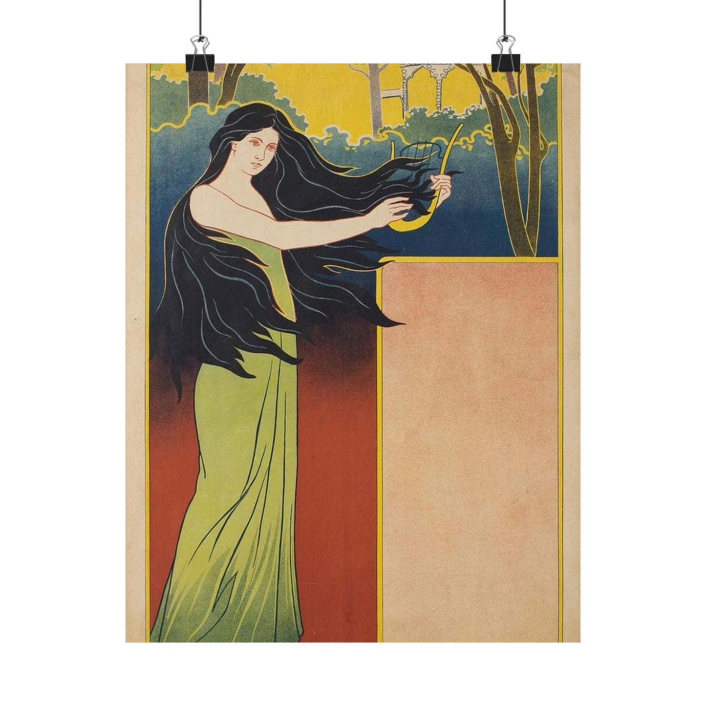 A painting of a woman with long black hair. Vintage art deco, beauty fashion. High Quality Matte Wall Art Poster for Home, Office, Classroom