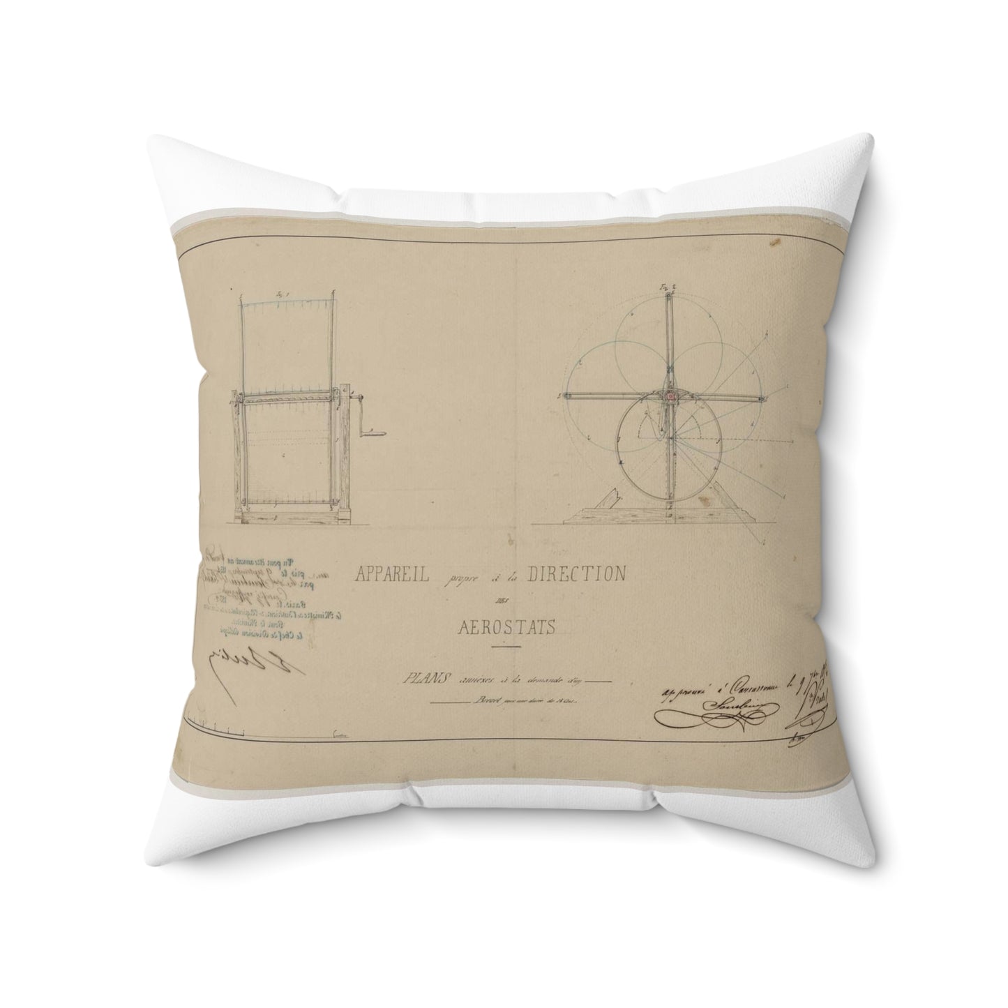 Patent drawing - Appareil propre à la direction des aerostats plans annèxes à la demande d'un brevet pour une durée de 15 ans / / apprové à [...] Sourbieu & Pre. Pradel, 1852 septembre 9. Public domain  image Decorative Accent Square Pillow