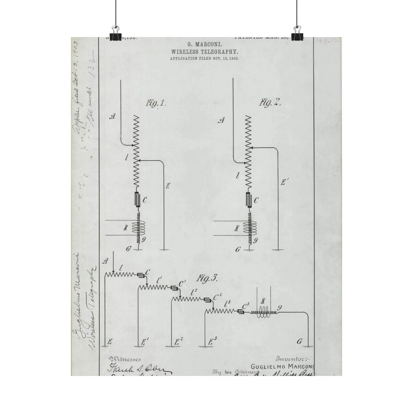 Patent drawing - for G. Marconi's Wireless Telegraphy Public domain  image High Quality Matte Wall Art Poster for Home, Office, Classroom