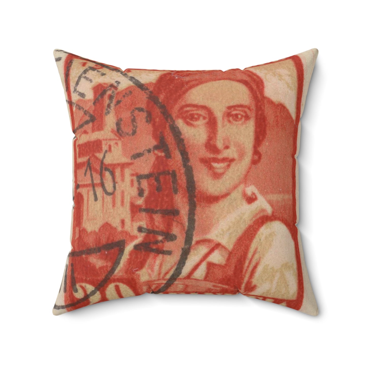 Frimärke ur Gösta Bodmans filatelistiska motivsamling, påbörjad 1950.Frimärke från Schweiz, 1933. Motiv av kvinnodräkt, Tessin. Decorative Accent Square Pillow