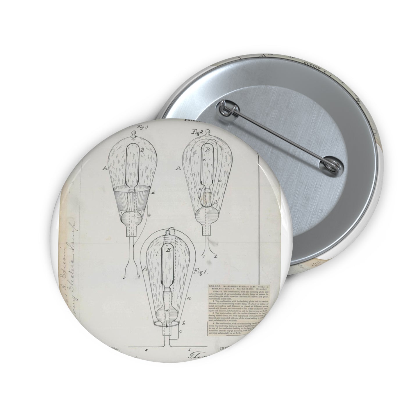 Patent drawing - for T. A. Edison's Incandescing Electric Lamp Public domain  image Pin Buttons with Crisp Design
