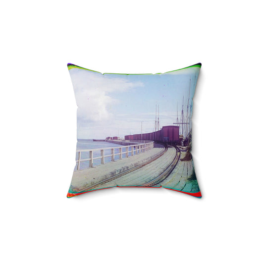 Sorochya Bay. Railroad dam in the Soroka inlet.  Arkhangelsk Province, Russia.  Decorative Accent Square Pillow