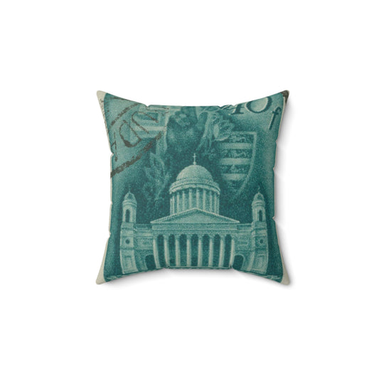 Frimärke ur Gösta Bodmans filatelistiska motivsamling, påbörjad 1950.Frimärke från Ungern, 1939. Motiv av Basilikan i Eszergom. Decorative Accent Square Pillow