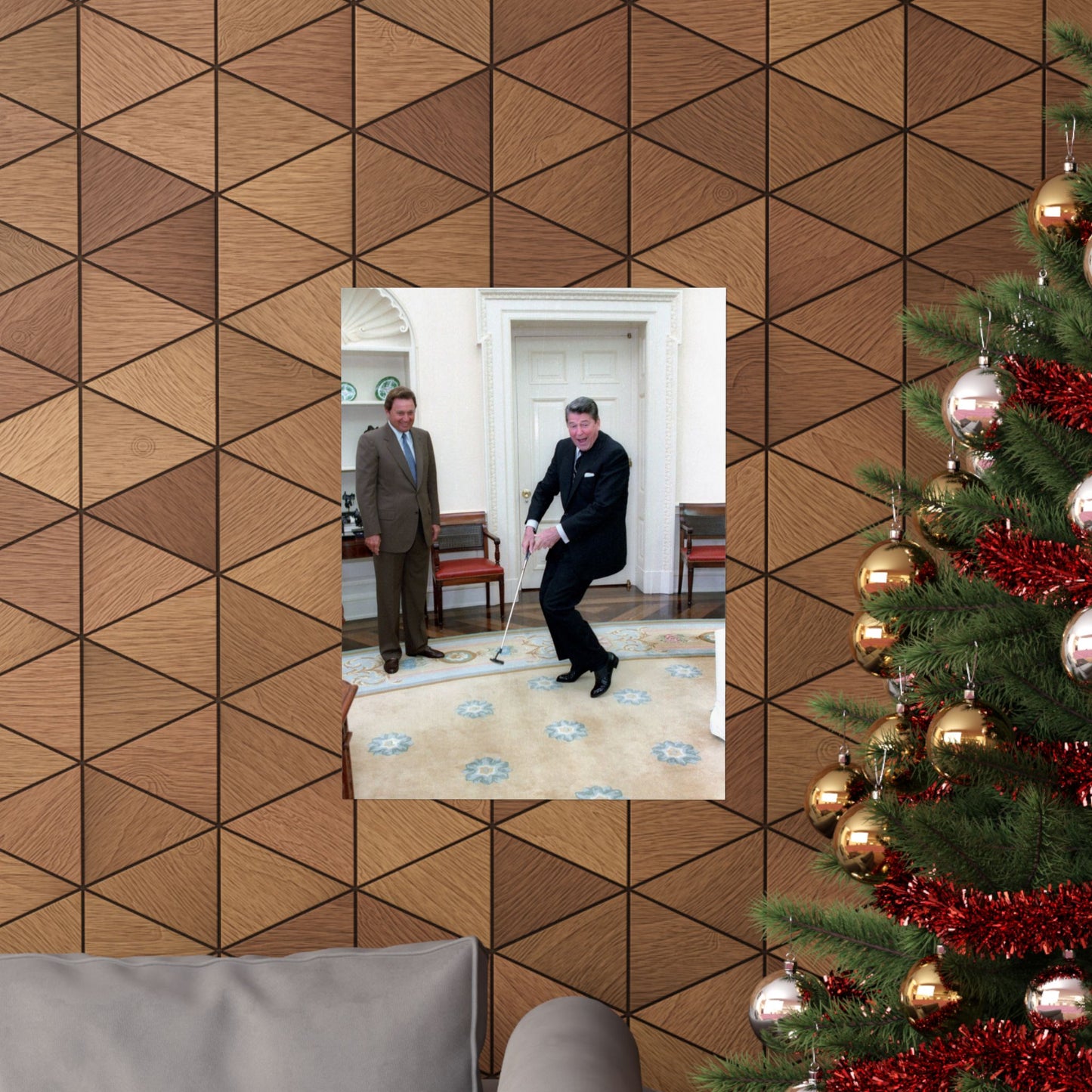 President Ronald Reagan Putting a Golf Ball with Raymond Floyd Looking on in the Oval Office High Quality Matte Wall Art Poster for Home, Office, Classroom